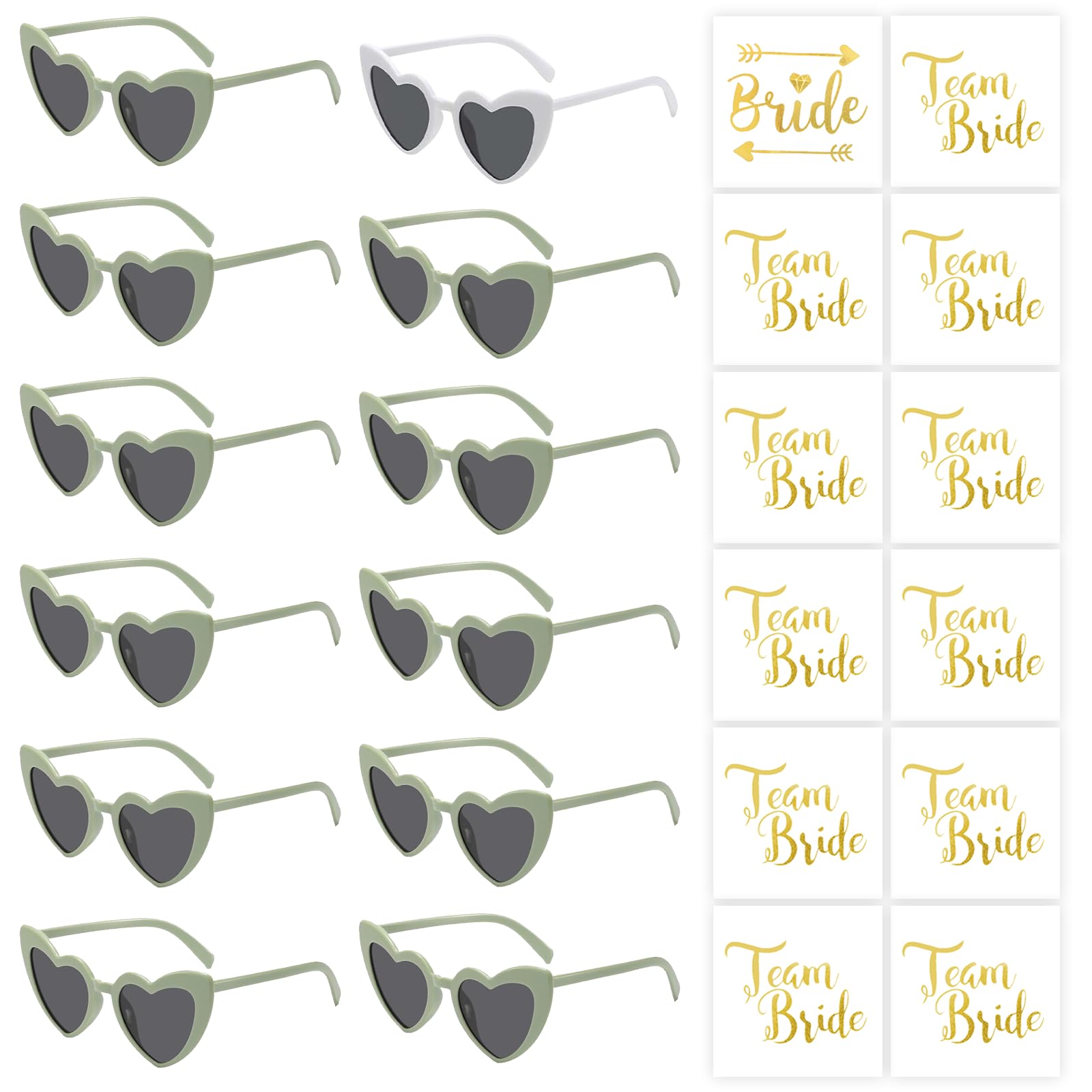 Herz Sonnenbrille Hochzeit Damen, 12 Stück Bride to Be Deko Sonnenbrille Herzform und 12 Team Tattoo Aufkleber, Party Brillen Herz Sonnenbrille Team Bride, Hippie Herzförmige Brille für Wedding Décor