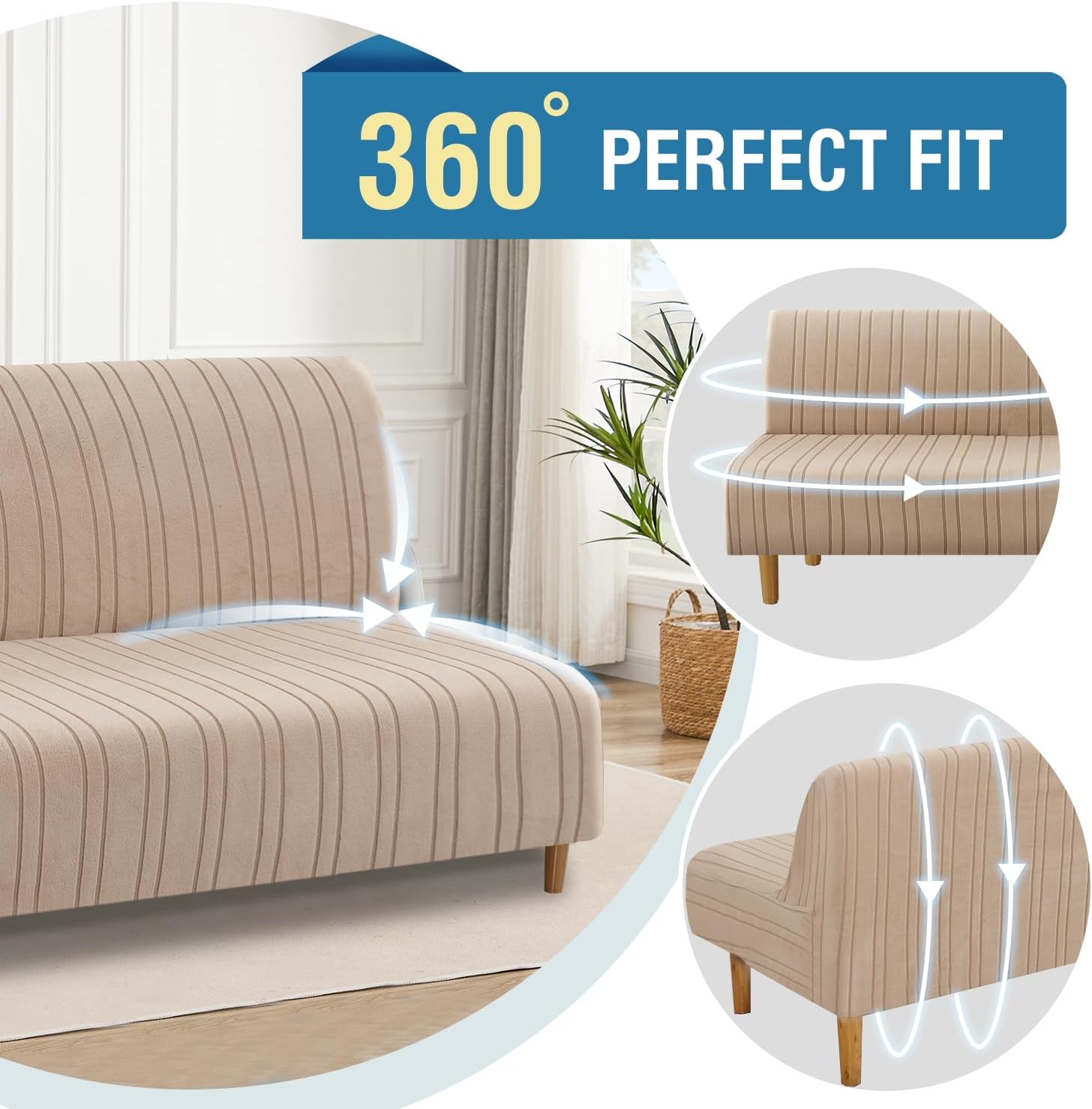H.VERSAILTEX Stretch Futon Slipcover Armless Sofa Cover Furniture Protector Without Armrests Slipcover Soft with Elastic Bottom for Kids, Spandex Jacquard Modern Stripe Design, Sand