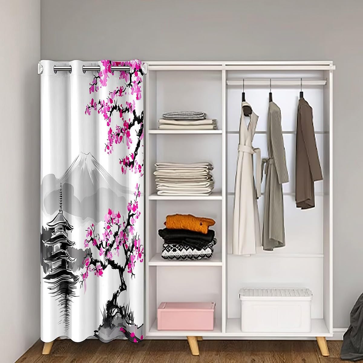 Japanese Door Curtain for Doorway Privacy, Japan Fuji Mountain Closet Door Cover Curtain for Bedroom Living Room, Sakura Floral Insulated Thermal Curtain, Room Divider Curtain Cover 34x80 Inch 1 Panel