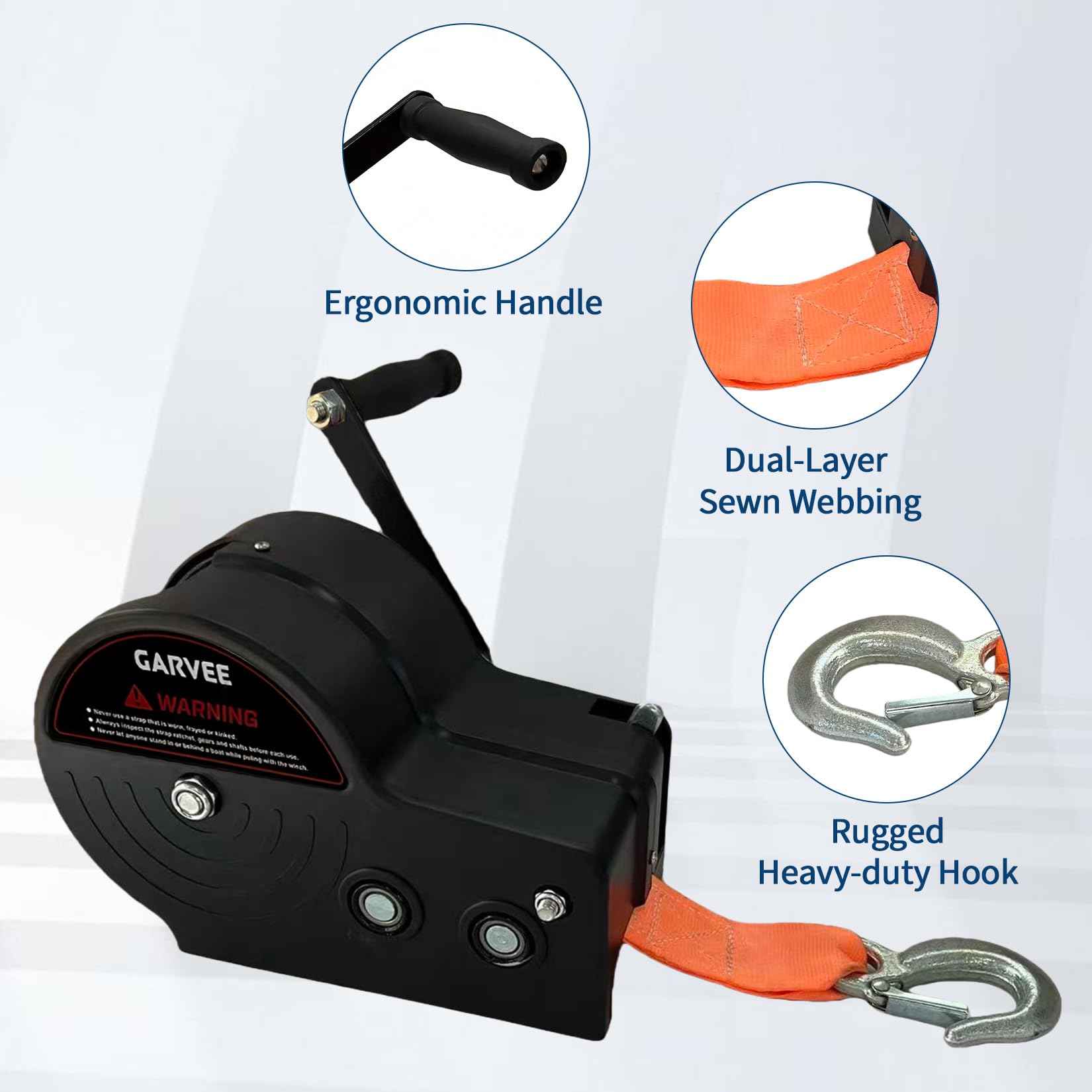 Garvee 1588kg Handseilwinde mit Vollschutzabdeckung, Orange | 10x5cm verstärktes Gurtband – Wärmebehandelte Welle – 2-Gang-Getriebe (4:1/8:1) – Für Anhänger, Boot, ATV, LKW, Offroad