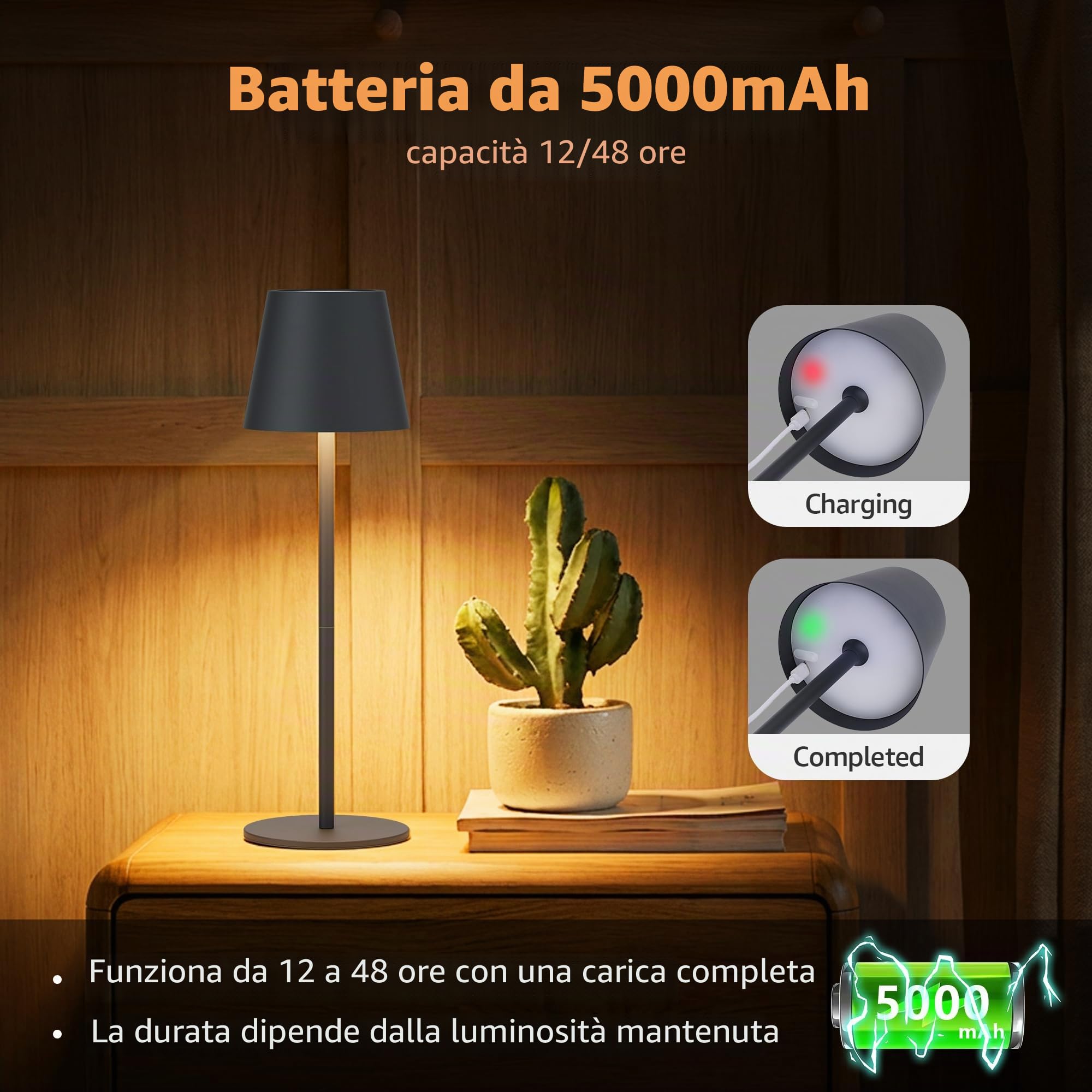 Aipsun Lampada da tavolo LED senza fili con touch Antracite 23/36,5cm, ricaricabile 5000mAh (5V 2A), 3W 2700/4000/6000K dimmerabile, Ferro, IP44 Interno/Esterno per camera da letto, ufficio (2 pezzi)