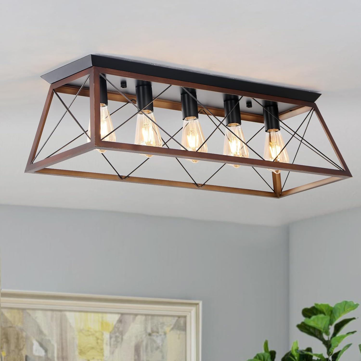 31.5" Flush Mount Ceiling Light, 5-Light Industrial Vintage Chandelier with Matte Black & Brushed Bronze Finish, Large Close to Ceiling Lighting for Dining Room, Kitchen Island, Living Room, Hallway