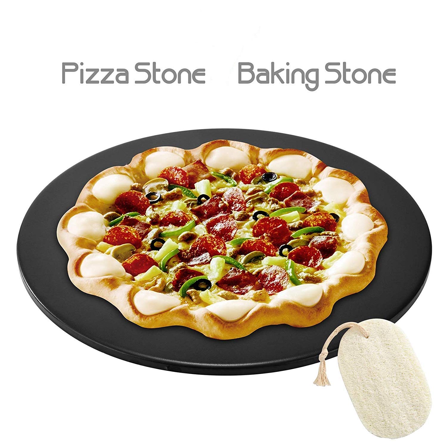 Pizzastein für Ofen, Grill, schwarze Glasur, BBQ, Backstein, rund, Keramik, fleckenfrei, Brotform (schwarz, 33 cm)