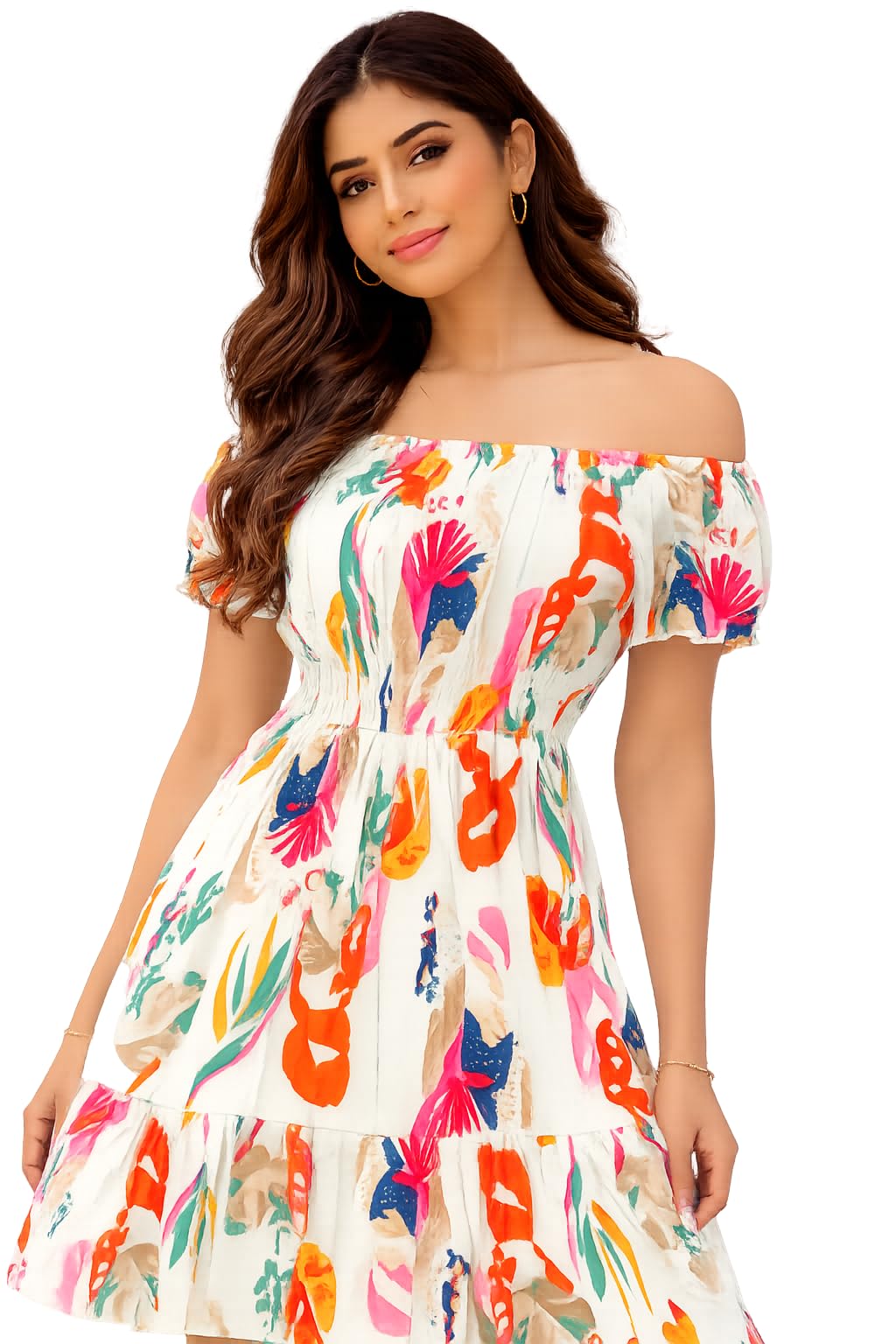 Pastel Multicolour Off-Shoulder Mini Dress, Rayon Fabric, Floral Print, Elasticated Waist, Tiered Hem-image-28