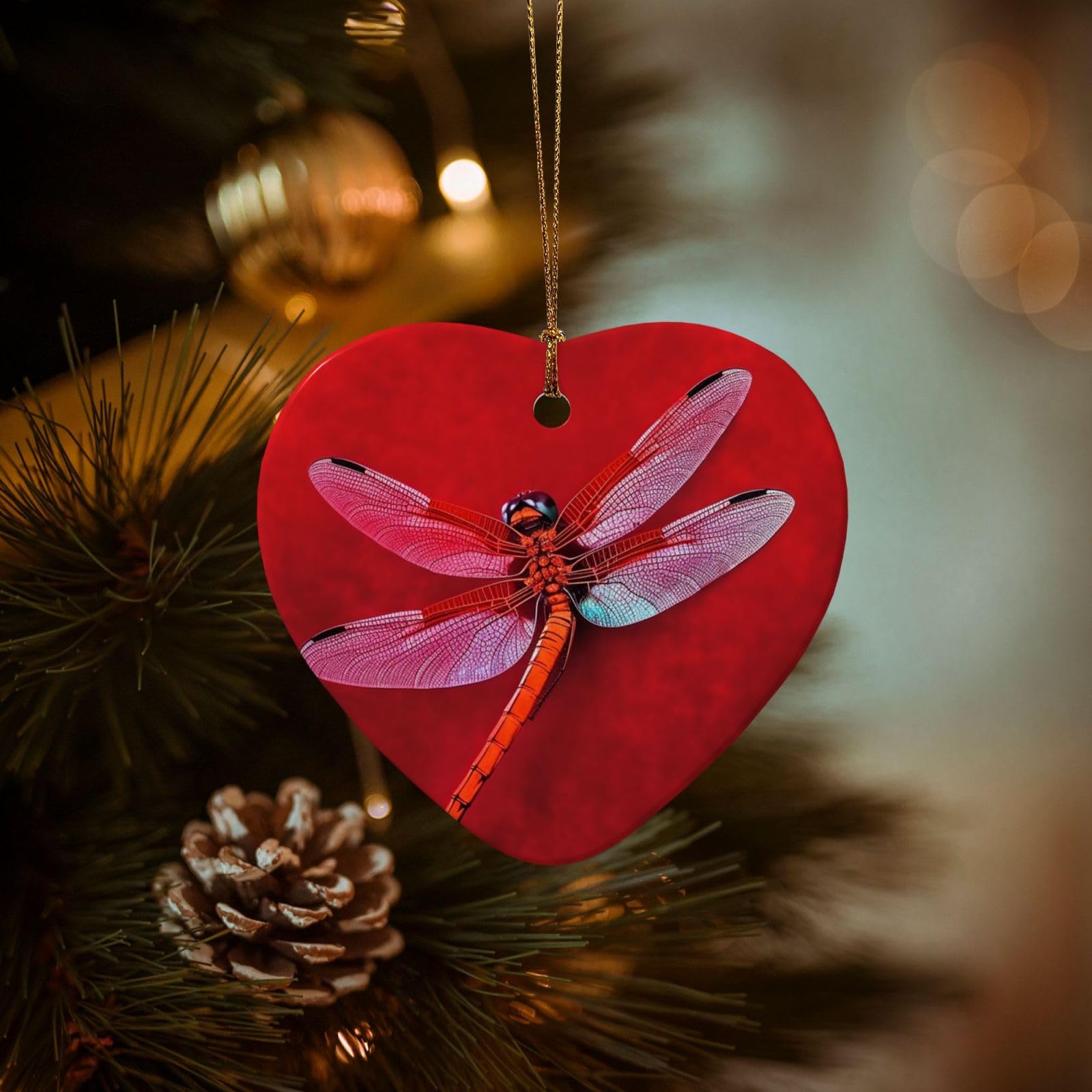 Christmas Ornaments for Christmas Tree Decoration Hanging Dragonfly on Red Background Ornament with Gold Ribbon Crafts Heart Shape Ceramic Pendant for Keepsake Gifts Xmas Decor Party Supplies