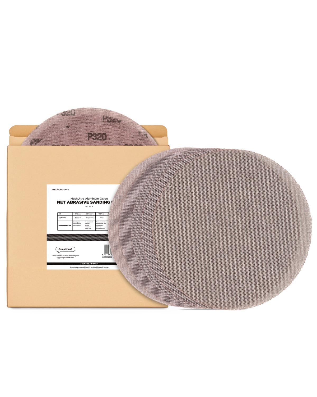 InoKraft Mesh Abrasive 9 inch Drywall Sander Sandpaper, Dust-Free Hook and Loop Drywall Sanding Disc (320 grit - 10pcs)