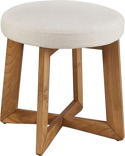 Miniatura 1 de Ball & Cast Reposapiés redondo otomano tapizado, taburete moderno con madera maciza, diámetro de 19 pulgadas, lino