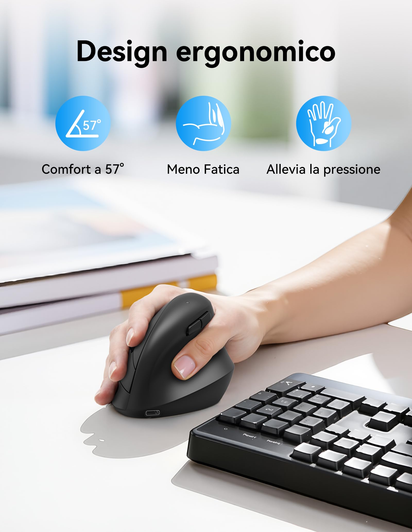 TECKNET Mouse Ergonomico, Mouse Verticale Senza Fili Ricaricabile con 3 Porte Dispositivi (BT 5.0/3.0+2.4GHz), 4800 DPI a 6 Livelli Regolabili, Scatto Silenzioso per Laptop, Desktop, PC, Macbook