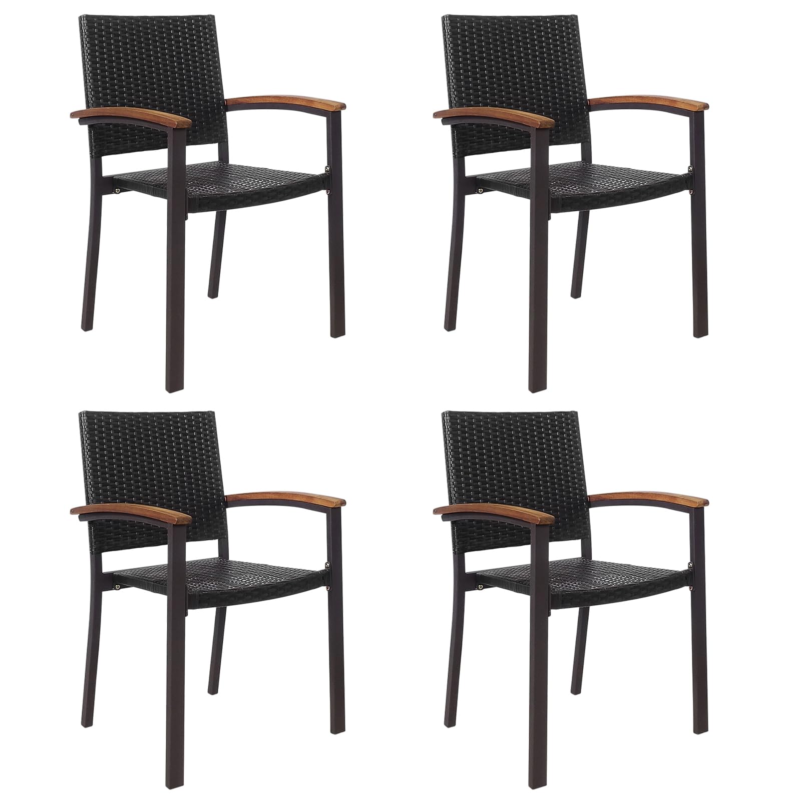 GiantexUK Rattan Garden Chairs Set of 2/4, Stackable Outdoor Dining Chairs with Acacia Wood Armrests, All-weather Patio Bistro Seating for Backyard Poolside Deck Lawn (4)