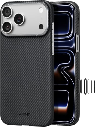 pitaka for iPhone 17 Pro Case 6.3" with Camera Control Button, Compatible with MagSafe, Ultra-Slim Case with Caseless Touch Feeling, 600D Aramid Fiber Woven, Black/Grey(Twill)