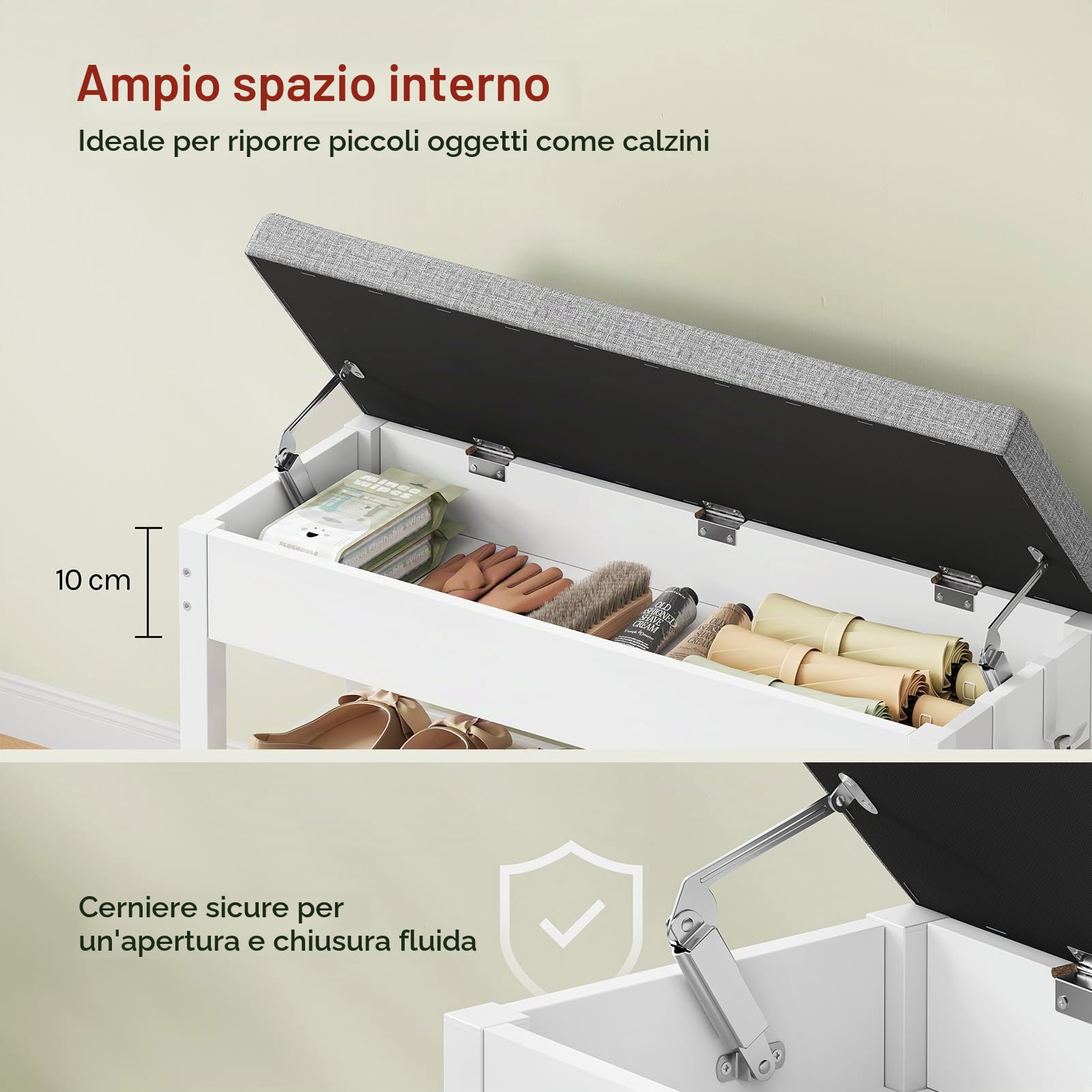 WOLTU Panca Scarpiera con Scomparto Nascosto, 2 Ripiani e 2 Ganci, Portascarpe con Seduta Imbottita, Struttura in Metallo, per Ingresso e Camera da Letto, 80x30x50 cm, Bianco+Grigio Chiaro