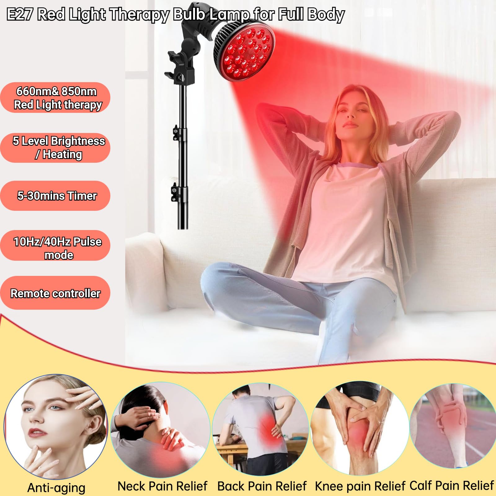 Lampa do terapii światłem czerwonym z 660 nm i 850 nm bliskiej podczerwieni, lampa grzewcza E27 do twarzy, pleców, szyi, ciała, talii, łagodzenia bólu, ze stojakiem na biurko, timerem, 5 poziomów