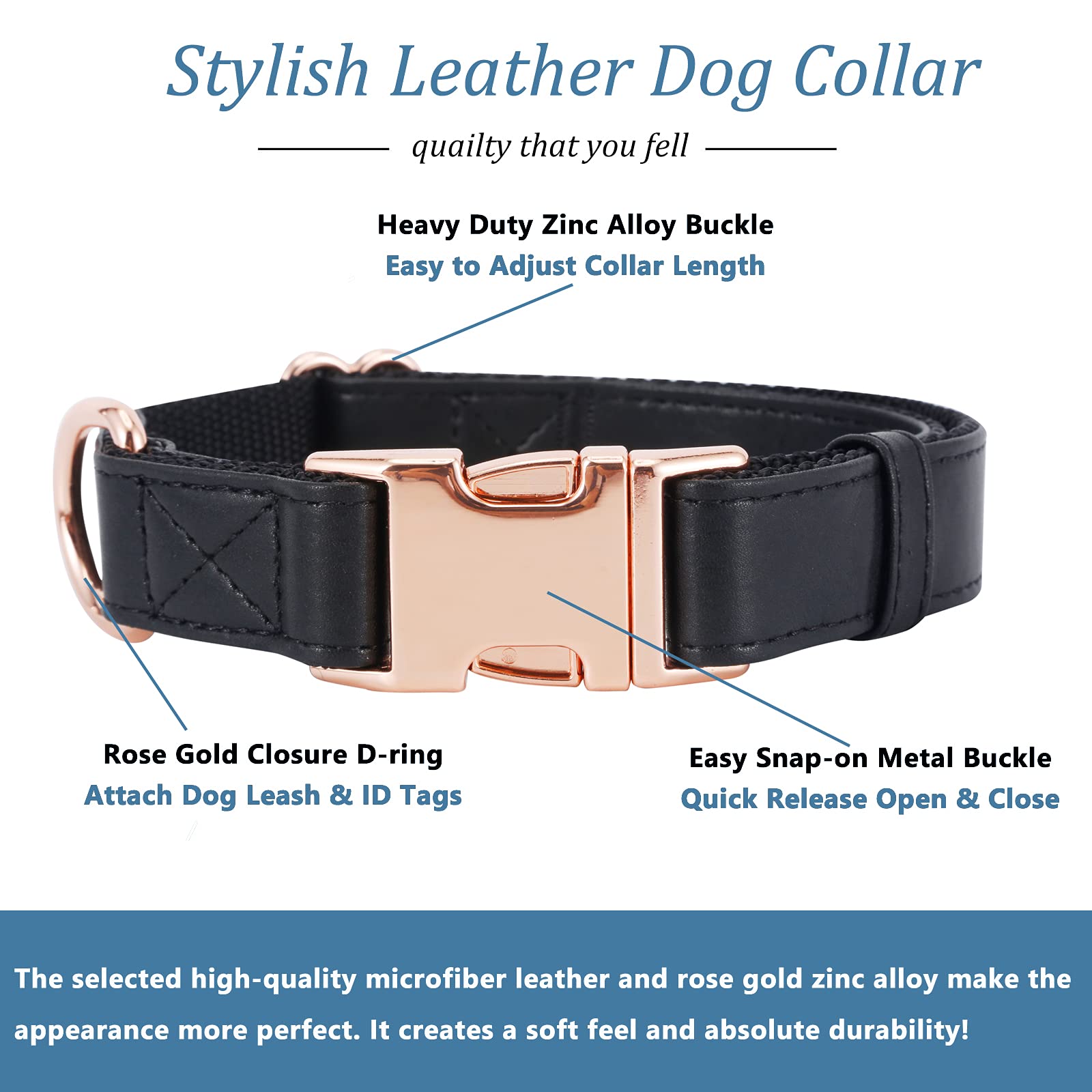 Dog Collar and Leash Set.Soft and Easy to Clean Vegan Leather with Rose Gold Metal Buckle for Small Medium Large Dogs (S(12.2"-16.9") - Image 2
