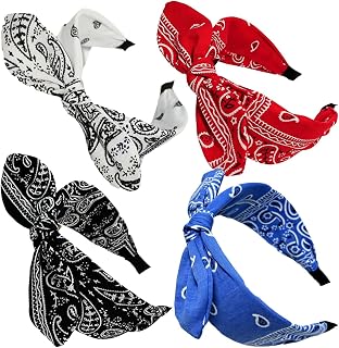 Bandana Headband for Women Paisley Knotted Bow Headband Rabbit ear Hairband Cute Knot Hair Accessories (Style 5: (White, red, blue, black))