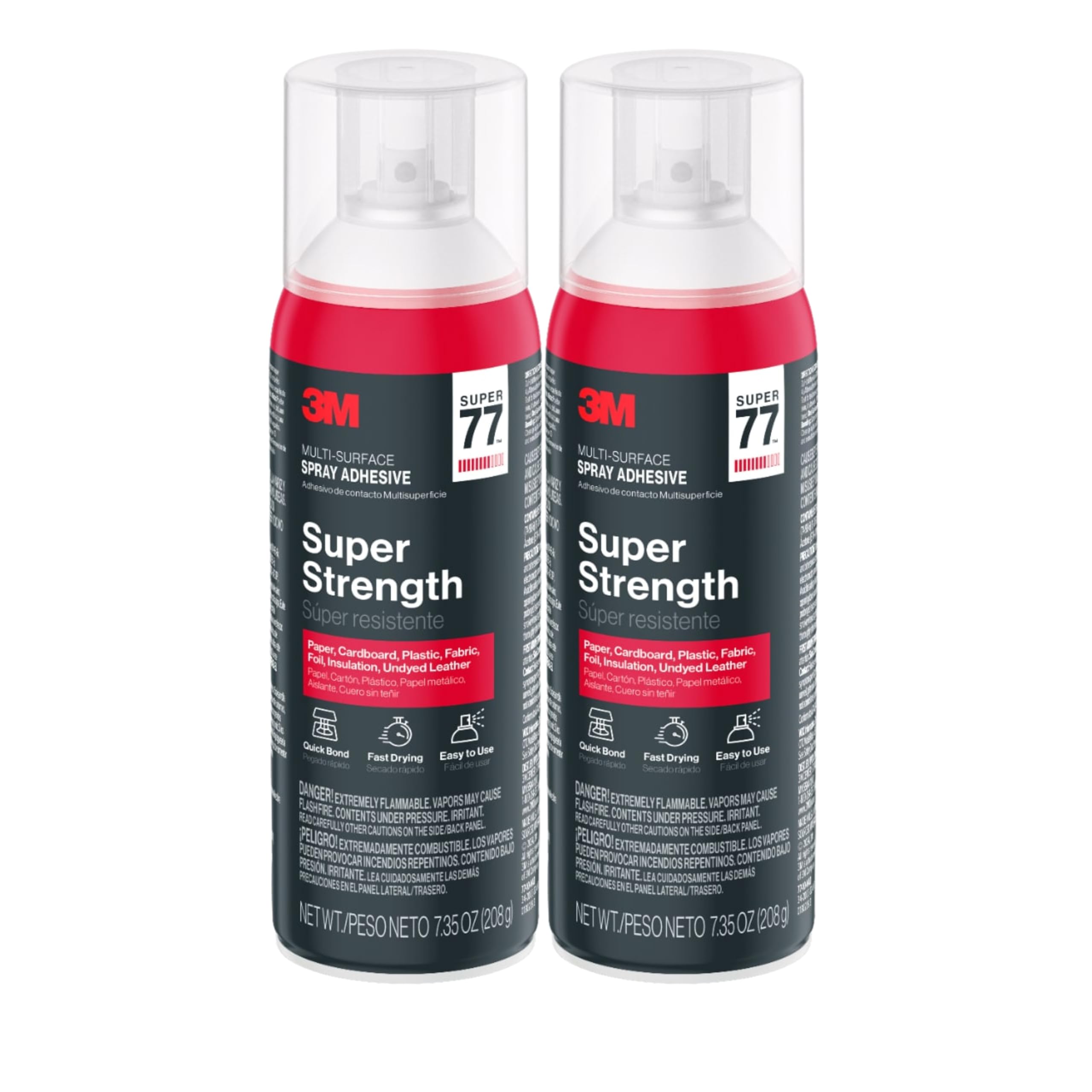 3MSuper 77 Multipurpose Spray Adhesive, 7.35 oz Cans, Pack of 2 – High-Strength Spray Glue for Foam, Fabric, Plastic, Paper, Cardboard, Metal & More