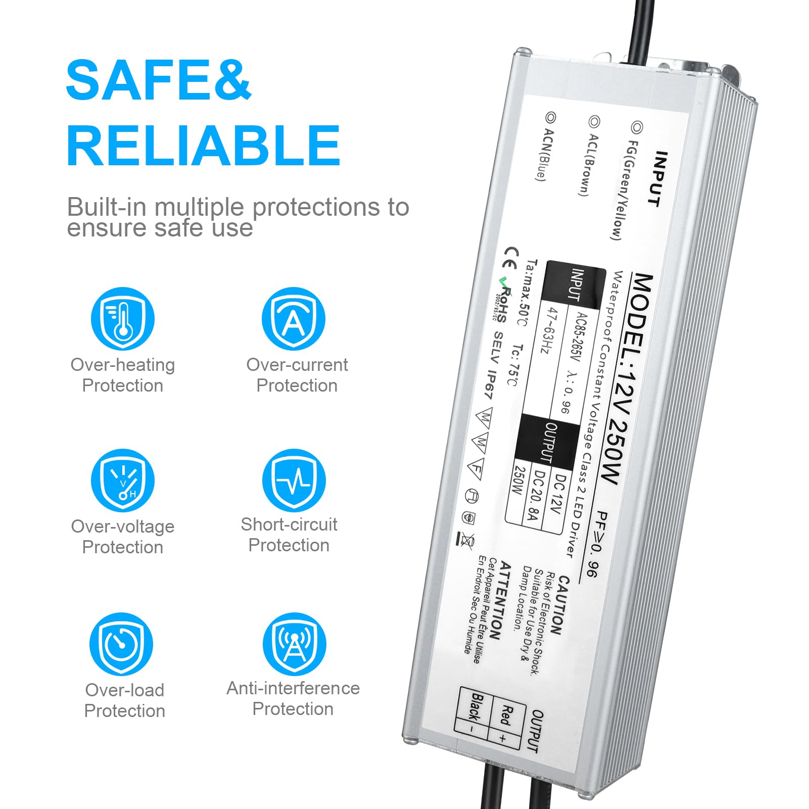 LightingWill Conducteur LED 250 W étanche IP67 convertisseur d'alimentation, 90-265 V CA à 12 V CC basse tension sortie, adaptateur de prise 3 broches pour projet informatique extérieur