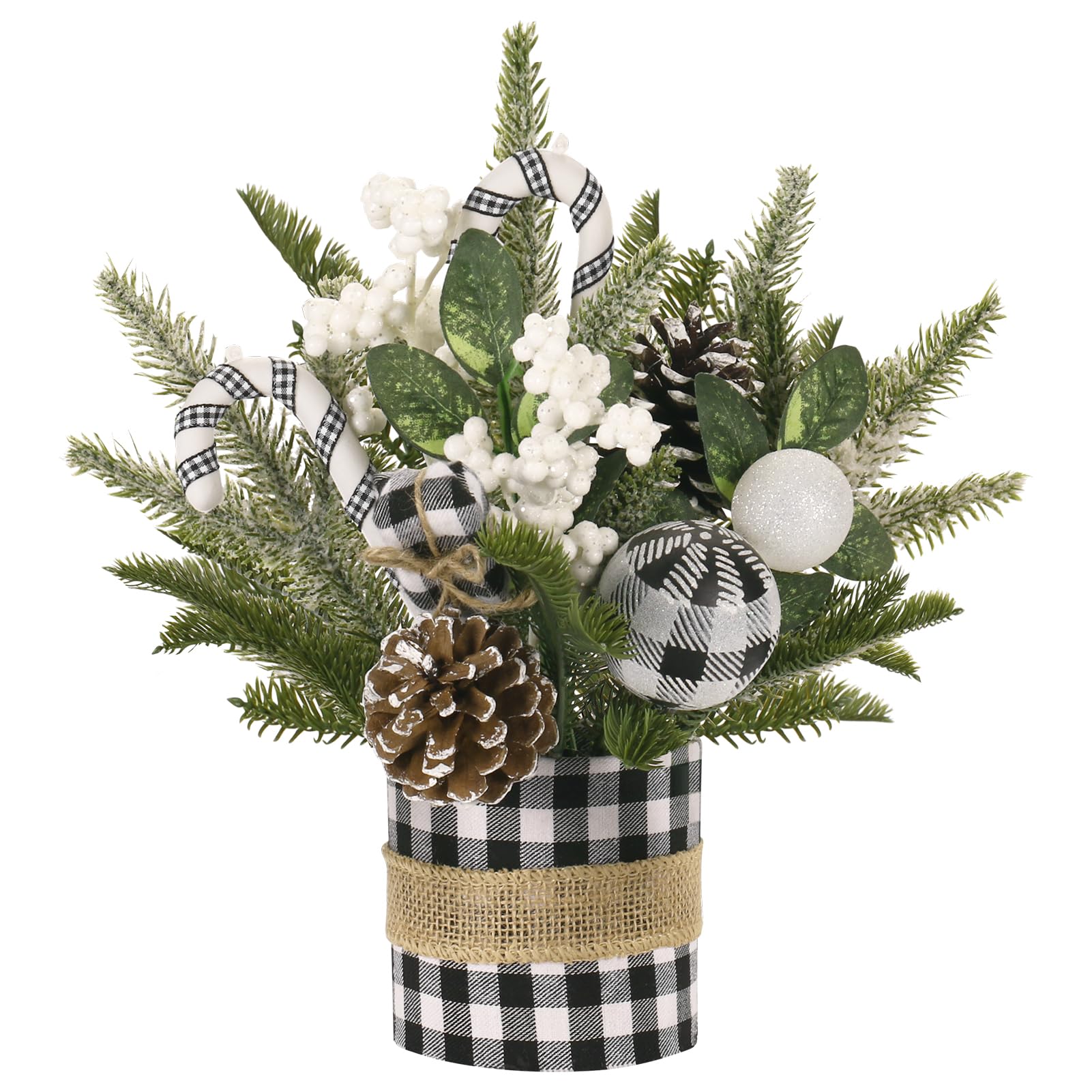 Super Holiday Small Winter Buffalo Check Plaid Christmas Tree, Artificial Mini Tabletop Christmas Tree Decorations with Xmas Ornaments, for Home Party Thankgivings Decor, Black/White-Indoor
