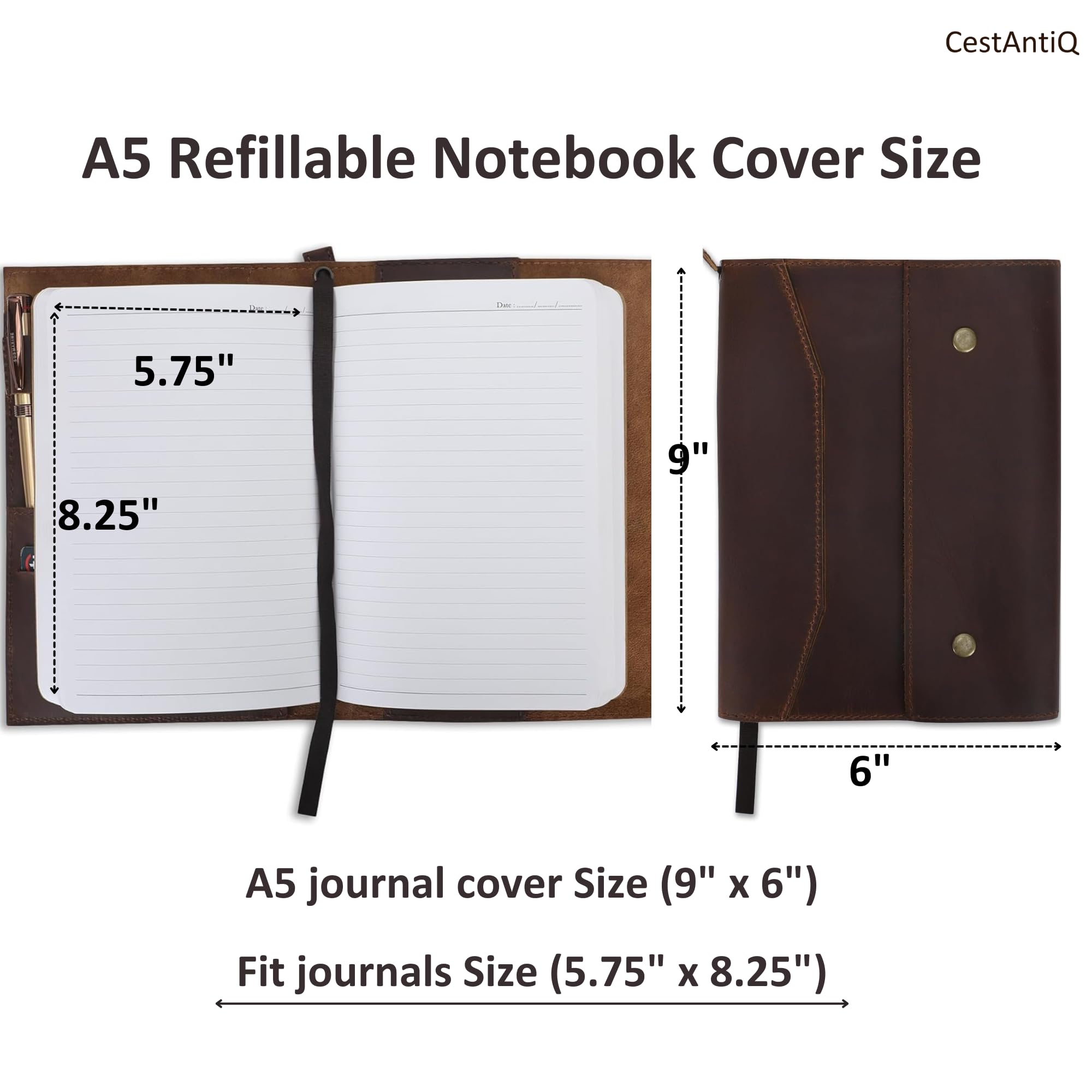 Rustikales Tagebuch aus Vollnarbenleder für A5-Notizbücher, passend für 14 x 21 cm Skizzenbücher und 14 x 21 cm Schreibblöcke, nachfüllbarer Leder-Notizbuch-Organizer mit Stiftschlaufe, 5