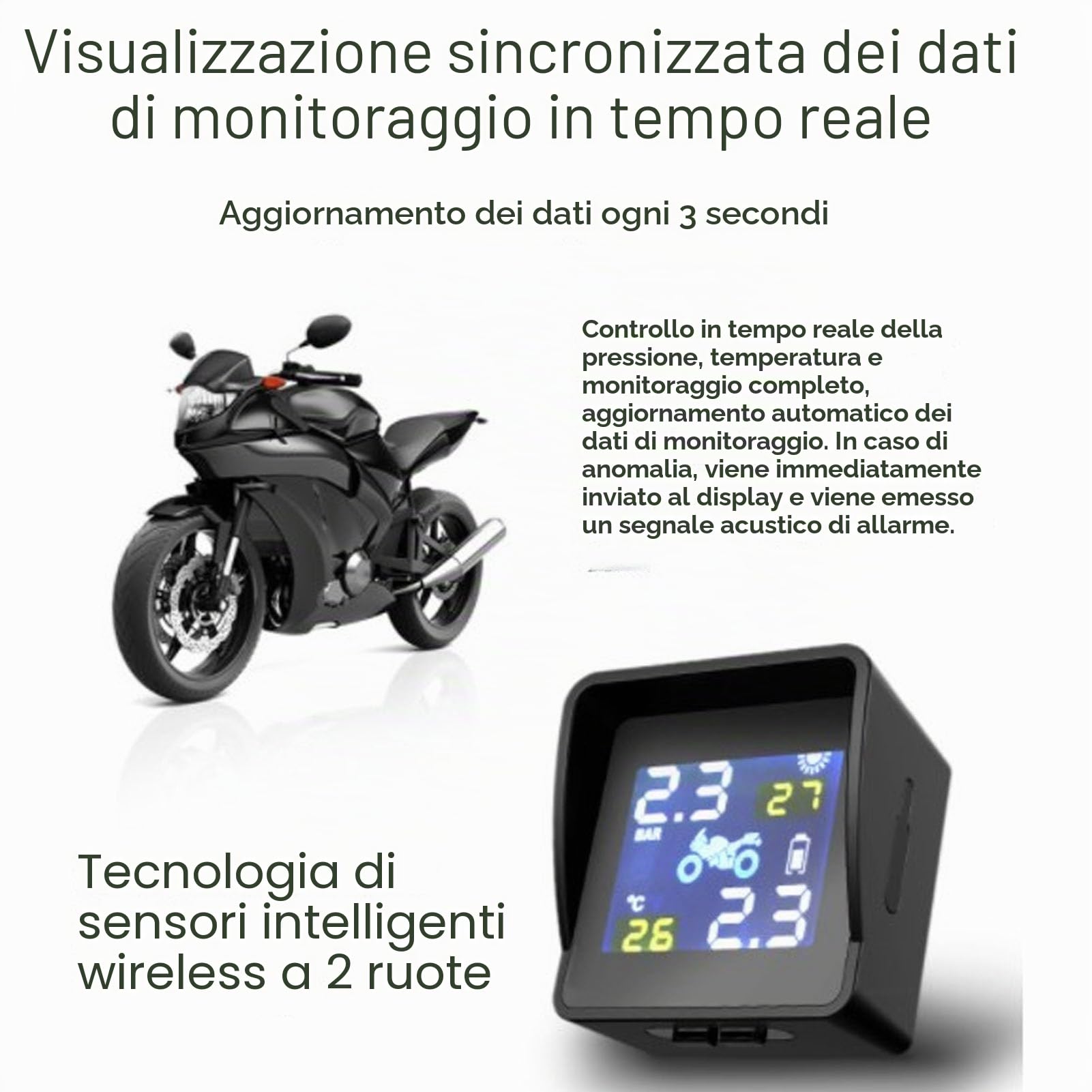 Monitor della Pressione dei Pneumatici Sisteme Solare di monitoraggio della Pressione dei Pneumatici Bluetooth TPMS con Display LCD e 2 sensori Esterni per Scooter Moto