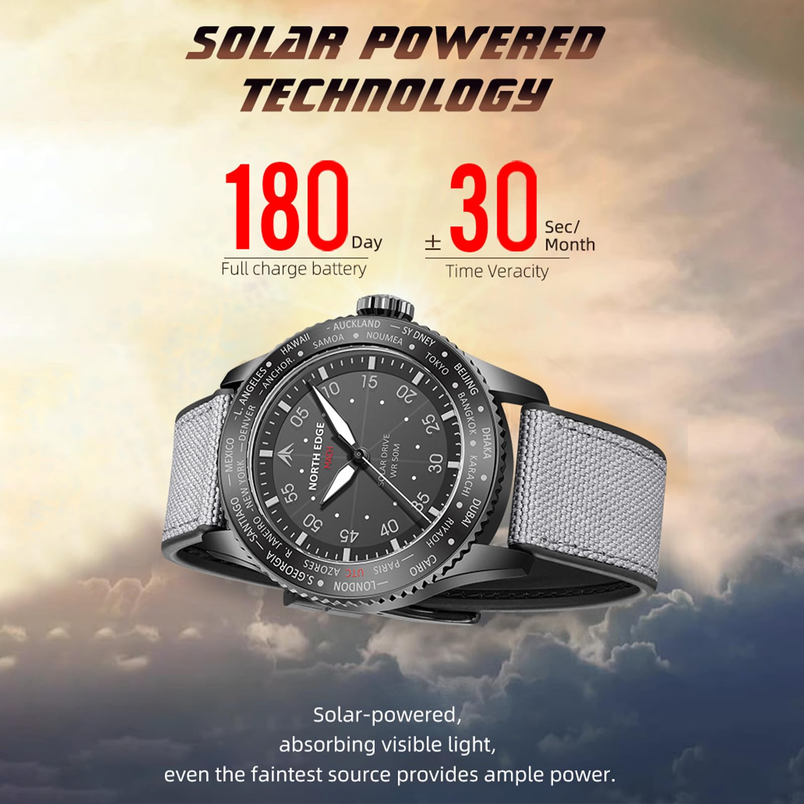 Lixada Orologio da Pilota Mach Watch Orologio ad energia Solare per Uomo Cronografo Impermeabile 50M Visione Notturna Durata Fino a 180 Giorni Orologio Solare