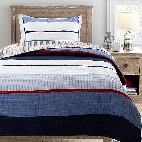 Cozy Line Home Fashions Juego de ropa de cama reversible de 100% algodón con rayas rojas y azul marino (Harlan, individual, 2 piezas)