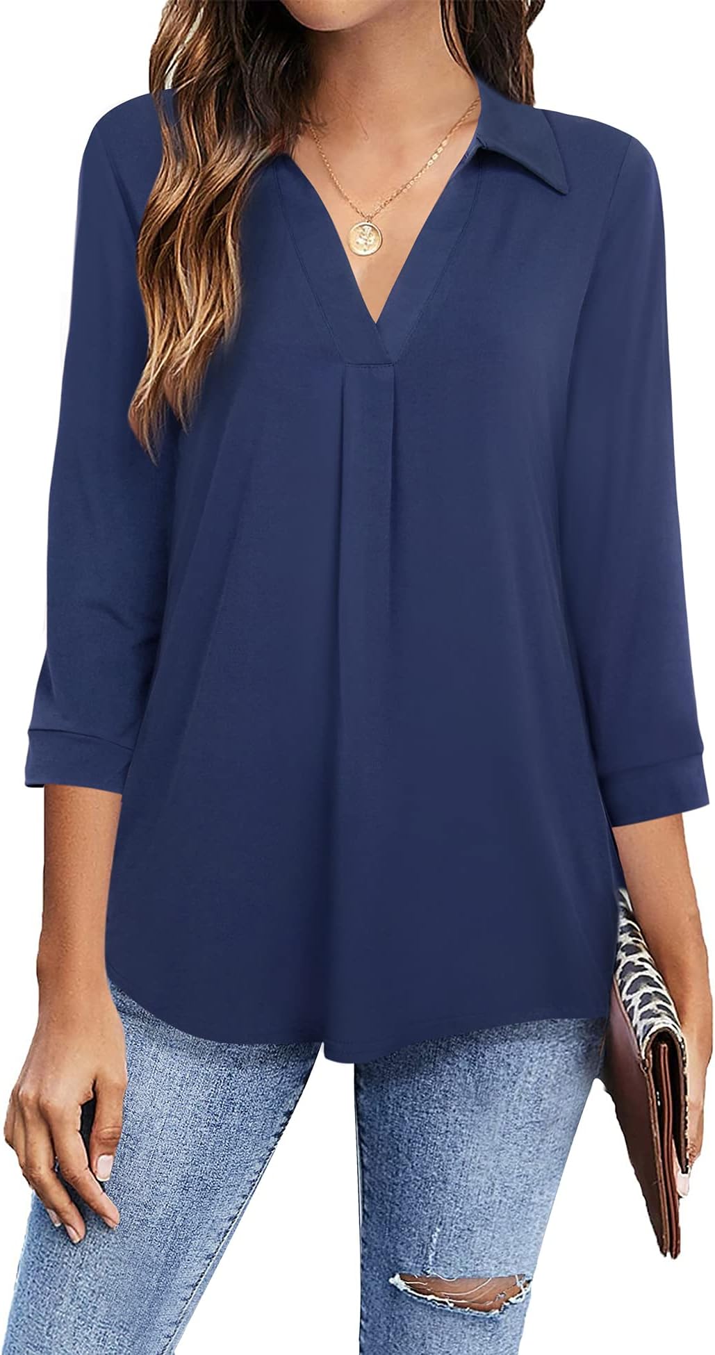 TimesonWomen's V Neck Blouse 3/4 Sleeve Tunic Tops Ladies Work Shirts