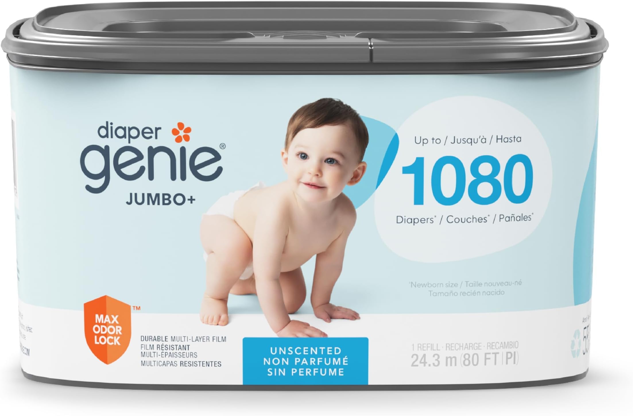 The Diaper Genie Jumbo+ Square Refill,with continuous film,can hold up to 1080 newborn-sized diapers per refill.,(Pack of 12)