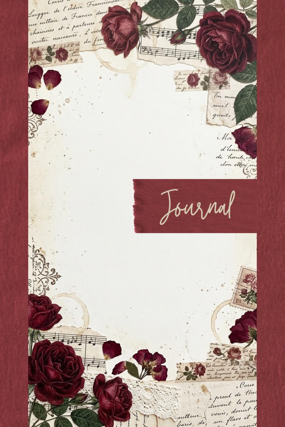 Deep Red Rose Junk Journal Pages - 6x9 Aesthetic Stationery Paper - 100 Decorative Writing Sheets with Vintage Lace, Antique Stamps, Botanical Florals, and Shabby Chic Ephemera Textures