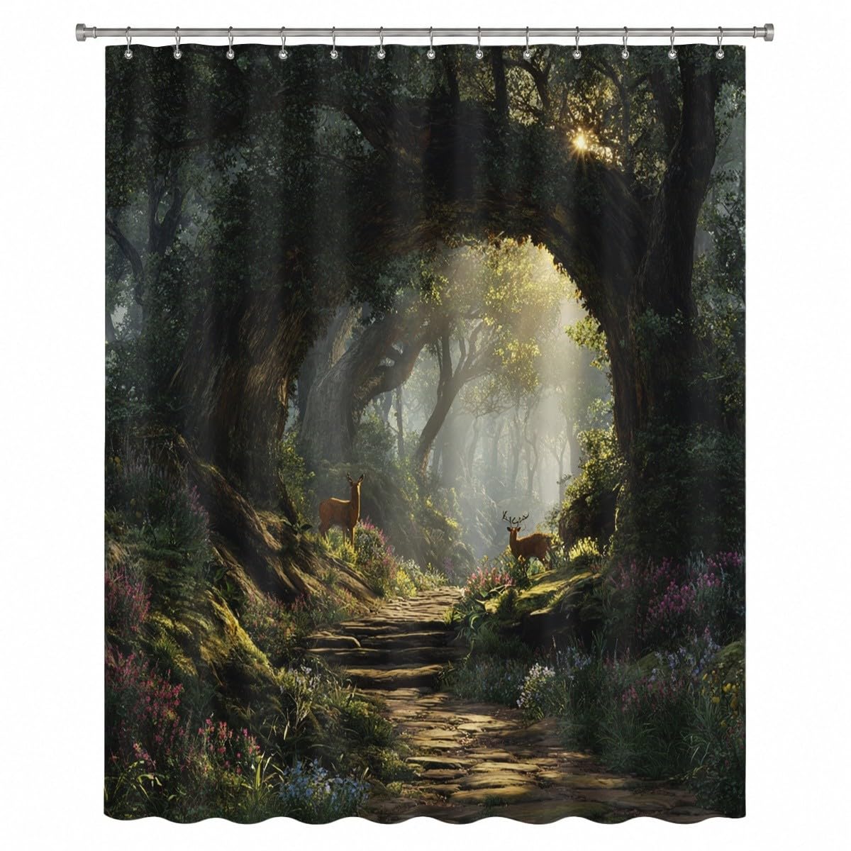 Verde Tenda per Doccia 240x200 cm Impermeabile Antimuffa Poliestere | Fantasia Junglea Regno Segreto Lavabile in Lavatrice Facile da Pulire Asciugatura Rapida con 12 Ganci per Bagno