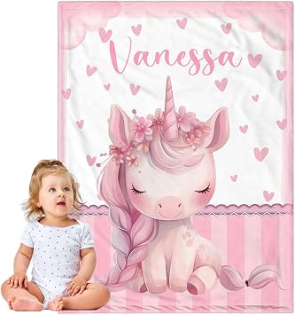 Personalized Baby Blanket for Girls, Custom Baby Blanket with Name, Soft Cozy Personalized Name Blankets for Kids, Customized Unicorn Blanket for Infant Toddler Birthday Christmas