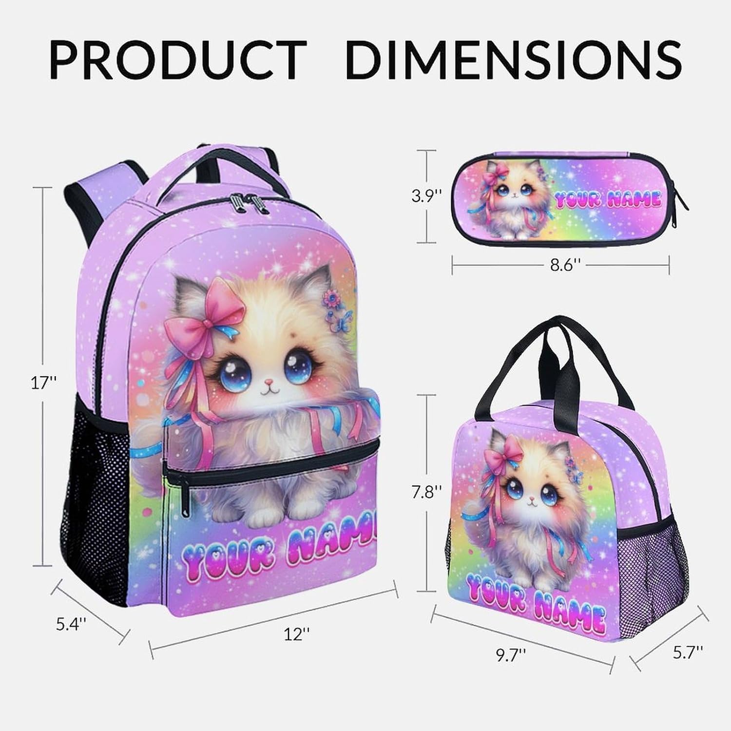 School Backpack for Girls, 3Pcs Personalized Cat Backpack Set, Kids Bookbag for Kindergarten/Elementary/Preschool, 17" School Bag with Lunch Box Pencil Case