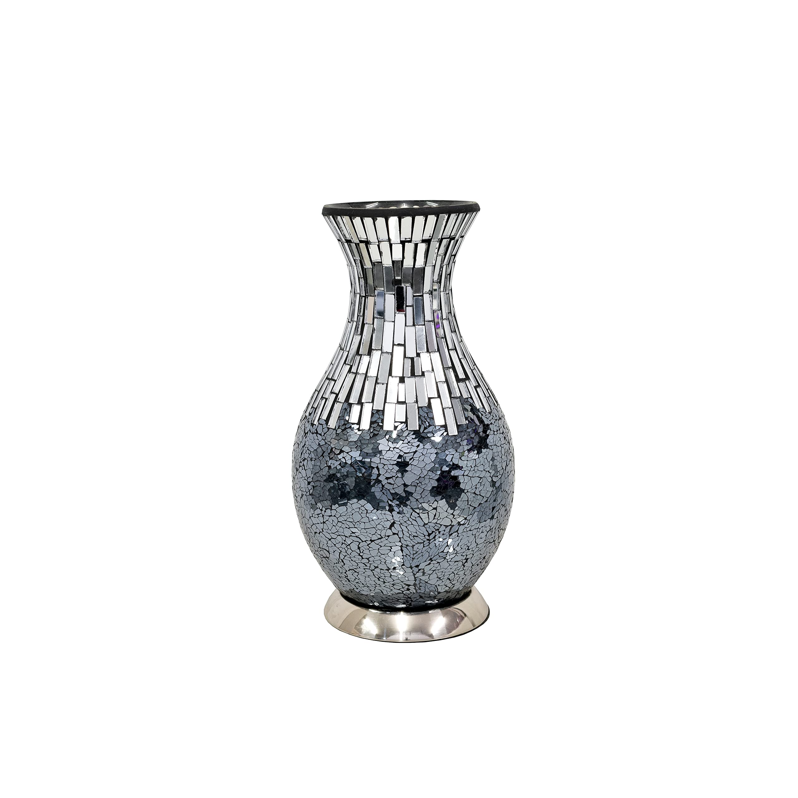 Design By Pepper Black Tile Mirror Glass Crackle Table Light Mosaic Vase Lamp With Chrome Base For Bedroom Kitchen And Lounge (Black)