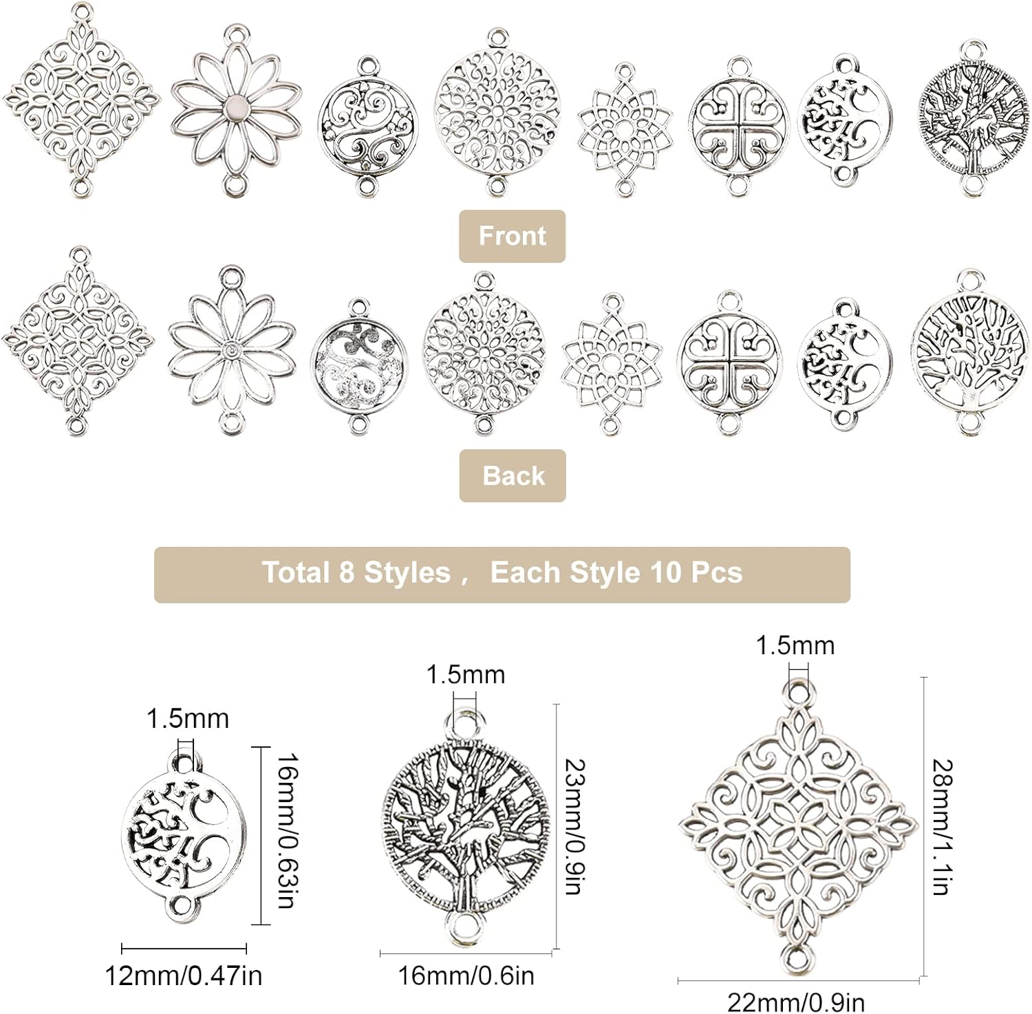 SUNNYCLUE 1 Box 80Pcs 8 Styles Flat Round Flower Charms Tibetan Style Link Connectors Charm Tree of Life Pendants Rhombus Links for Women DIY Earring Necklace Bracelet Jewellery Making - Image 2