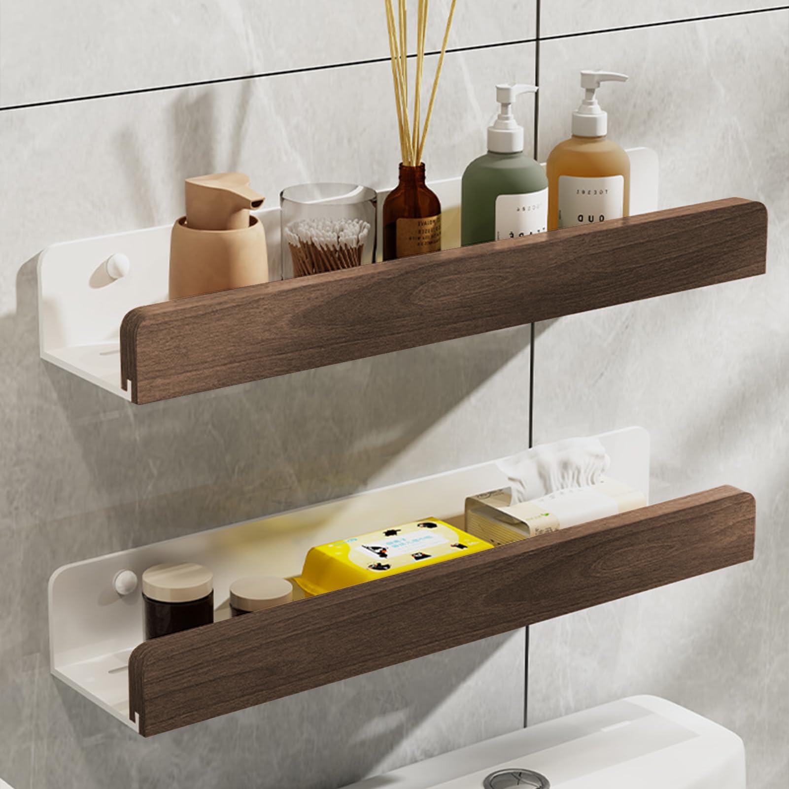 Estantes de ducha de madera sin taladrar, paquete de 2 estantes flotantes de pared, ideal para baño, cocina, sala de estar, oficina, dormitorio nizat (40 cm)
