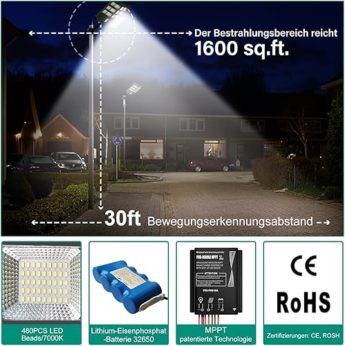 Miniatura 4 de Gebosun Luces solares de calle de 600 W para exteriores, 6500 K 60000 lm del atardecer al amanecer, luces de inundación solares LED de gran angular