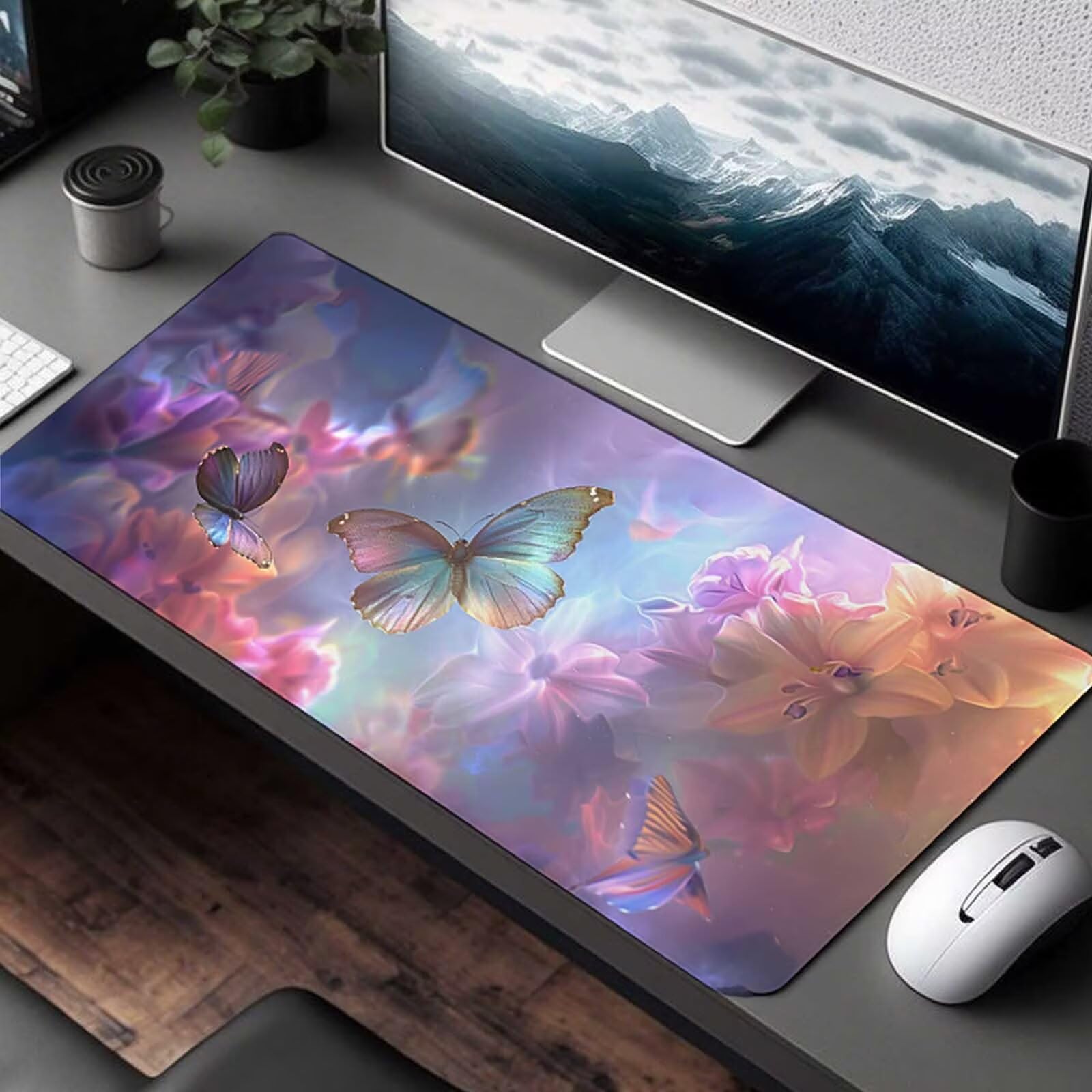 Duża podkładka pod mysz XXL do gier 1600 x 800 x 3 mm, wodoodporna, antypoślizgowa podkładka pod mysz, zmywalna, gumowa podstawa PC i laptop różowa motyl PjY10717 V-7