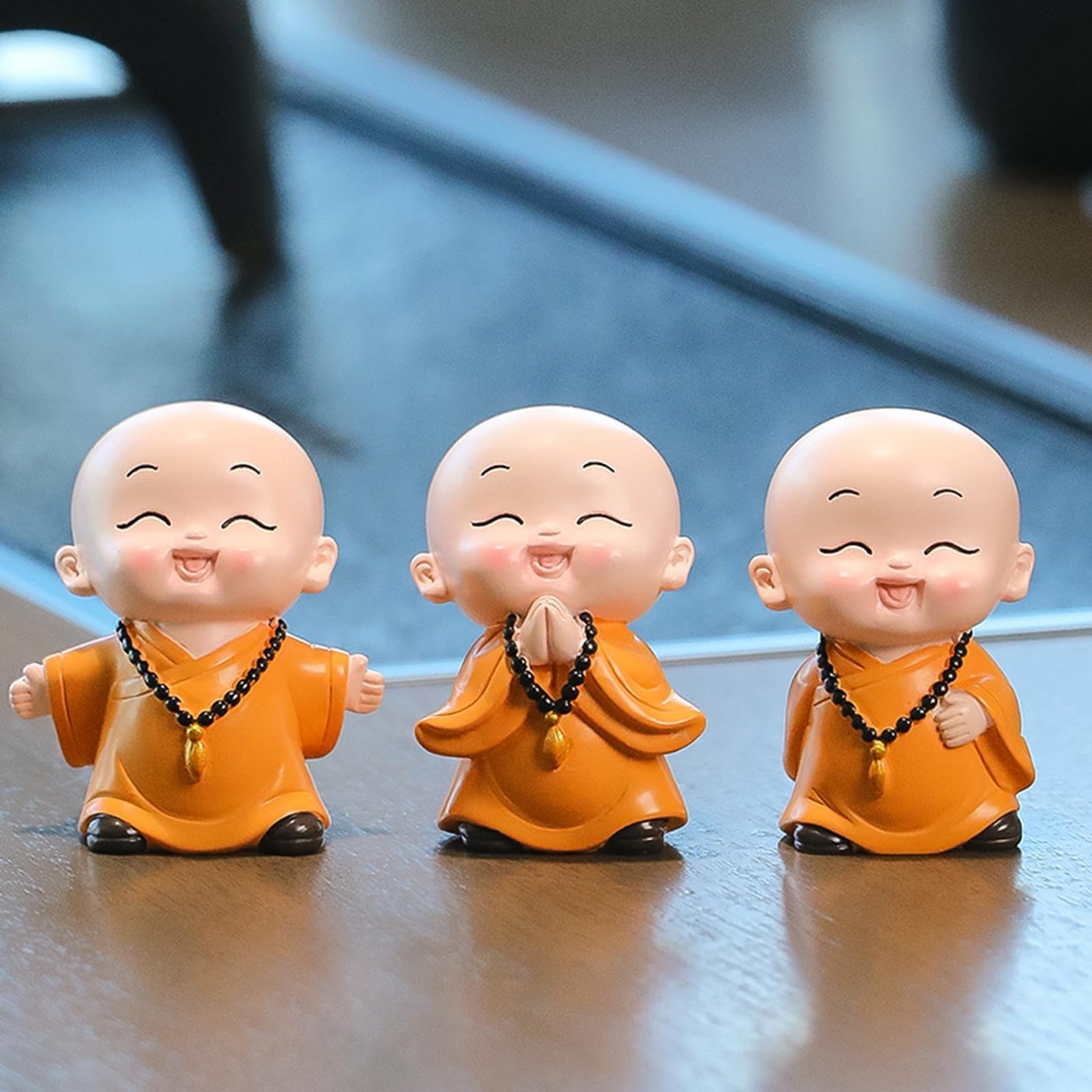 Yuzdnm One Color 3Pcs Cute Baby Buddha Monk Statue, Resin Chinese Smiling Buddha Beads Monks For Home Office Desk Decor, Zen Monk Sculptures