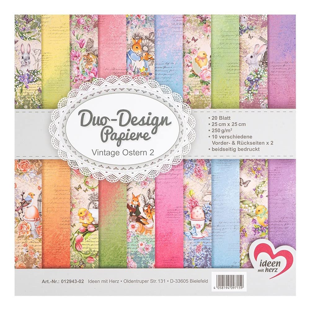 Ideen mit Herz Duo-Design-Papiere | Block mit 20 Blatt Bastelpapier | 25 x 25 cm | 250g/m² | beidseitig bedruckt | Designpapier, Motivpapier | ideal für Scrapbooking, Basteln (Vintage Ostern 02)