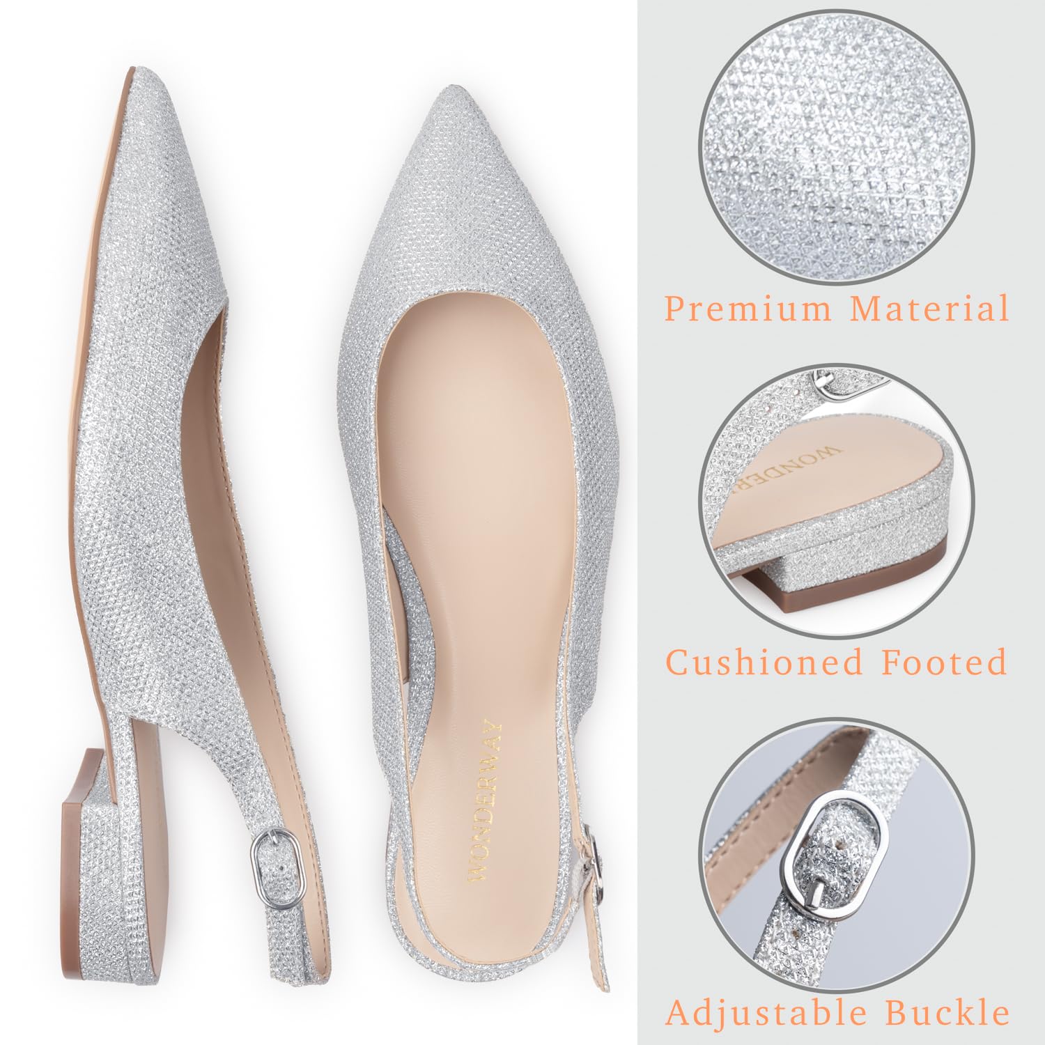 WONDERWAY Damen Slingback Flache Schuhe mit Spitzkappe für feierlich, lässig, Arbeit, Hochzeit, Silberfarbener Glitzer, 41 EU