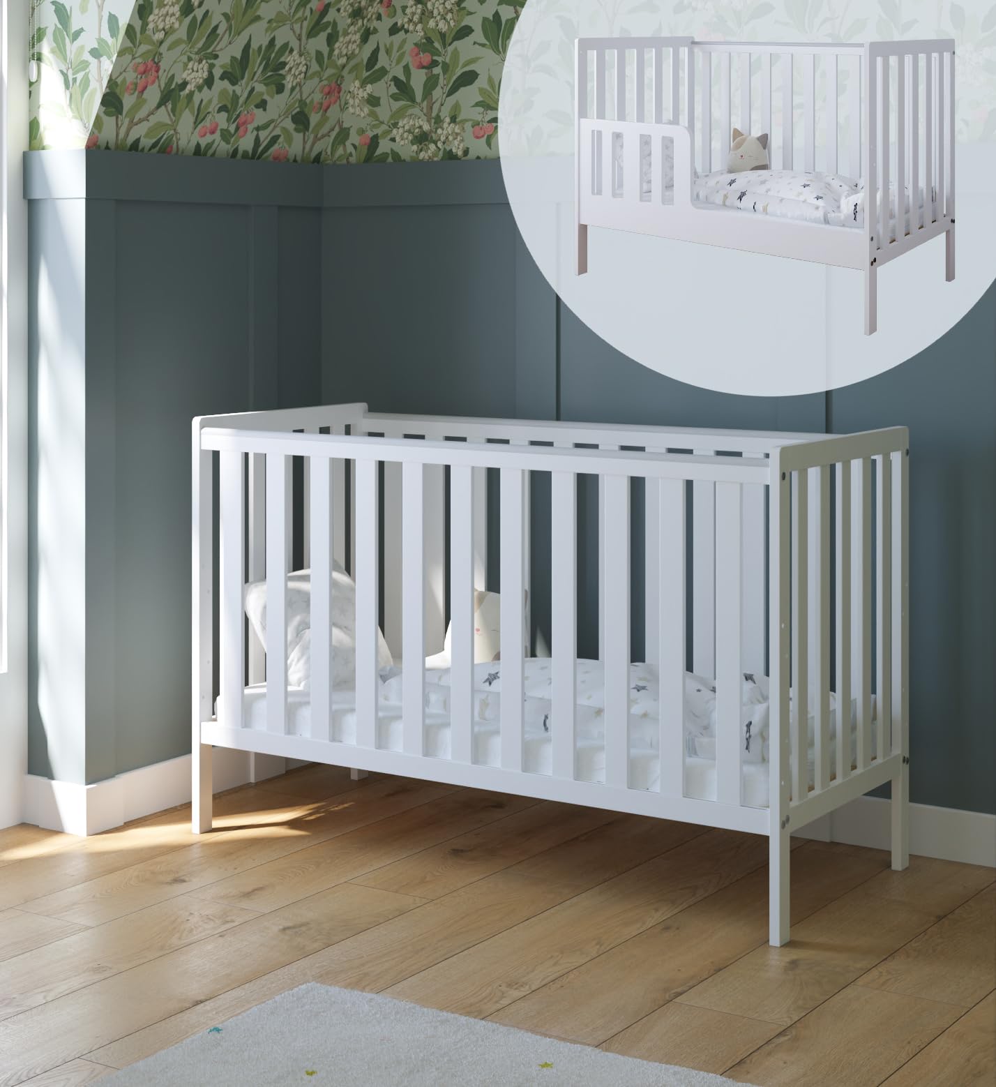 zee Bambi Cuna Bebe 120x60 cm 2 en 1 Blanca Cuna Convertible en Cama Junior con Barrotes Barrera de Seguridad Somier Regulable 3 Alturas Protector Mordedor Madera Maciza