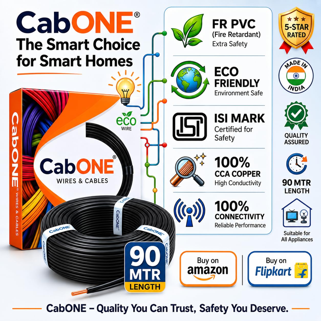 CabONE Lite 1.5 Sq mm Electrical Wire - 90m Blue Single Core CCA Copper Wire | Fire Retardant PVC Insulation for Domestic Wiring Black 1