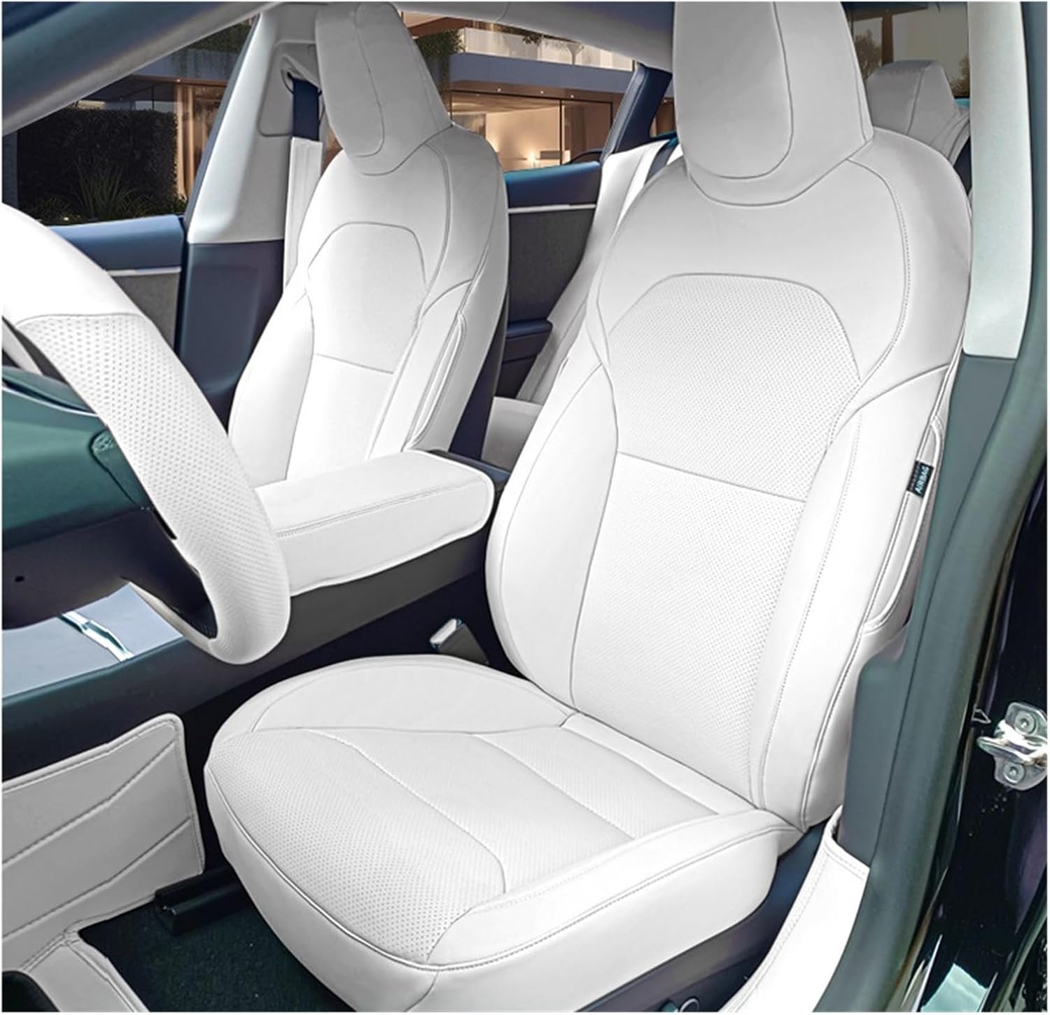 Compatible with Tesla Model 3 Highland 2024 Seat Covers, Nappa Leather Front Rear Car Seat Cushion Armrest Cover Interior Decoration(White Set)
