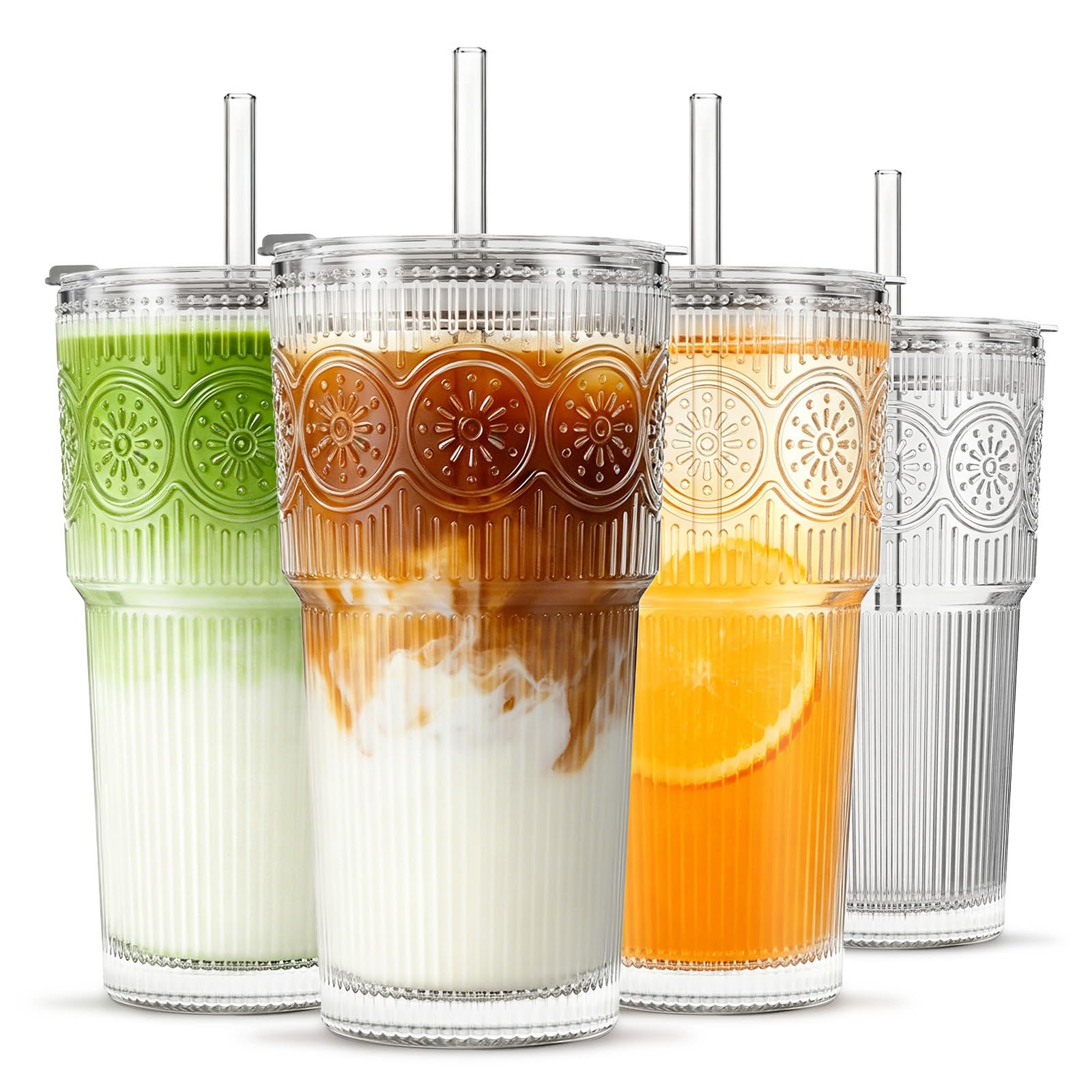 INSETLAN Lot de 4 gobelets en verre nervuré et floral avec couvercles et pailles, 567 g – Gobelets réutilisables pour eau, smoothies, thé et jus – Parfaits pour les voyages et un usage quotidien