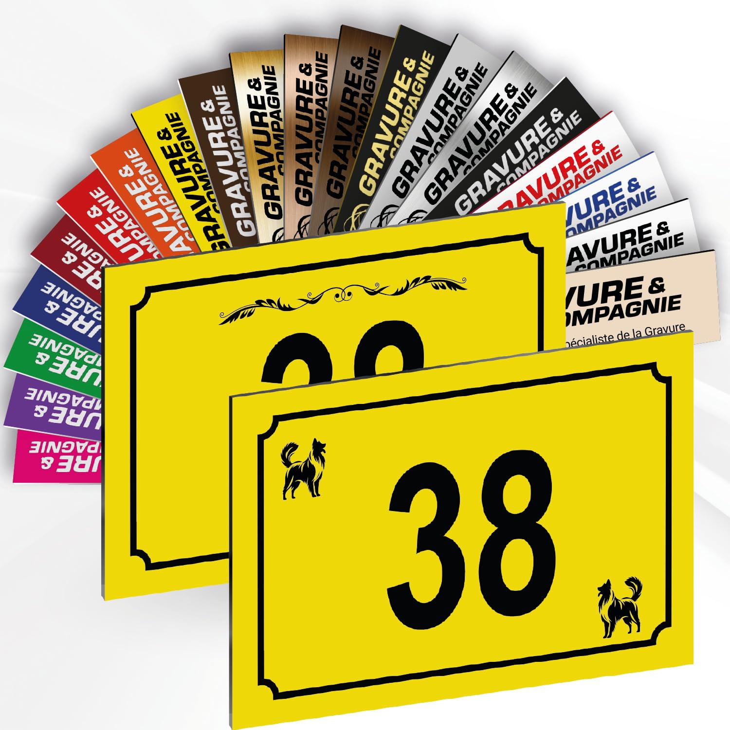 House Number Sign – Decorative Custom PVC Outdoor Plaque with Engraved Number & Design – Fixing Options (Adhesive or Screws) – 15 x 10 cm (Yellow + Design)