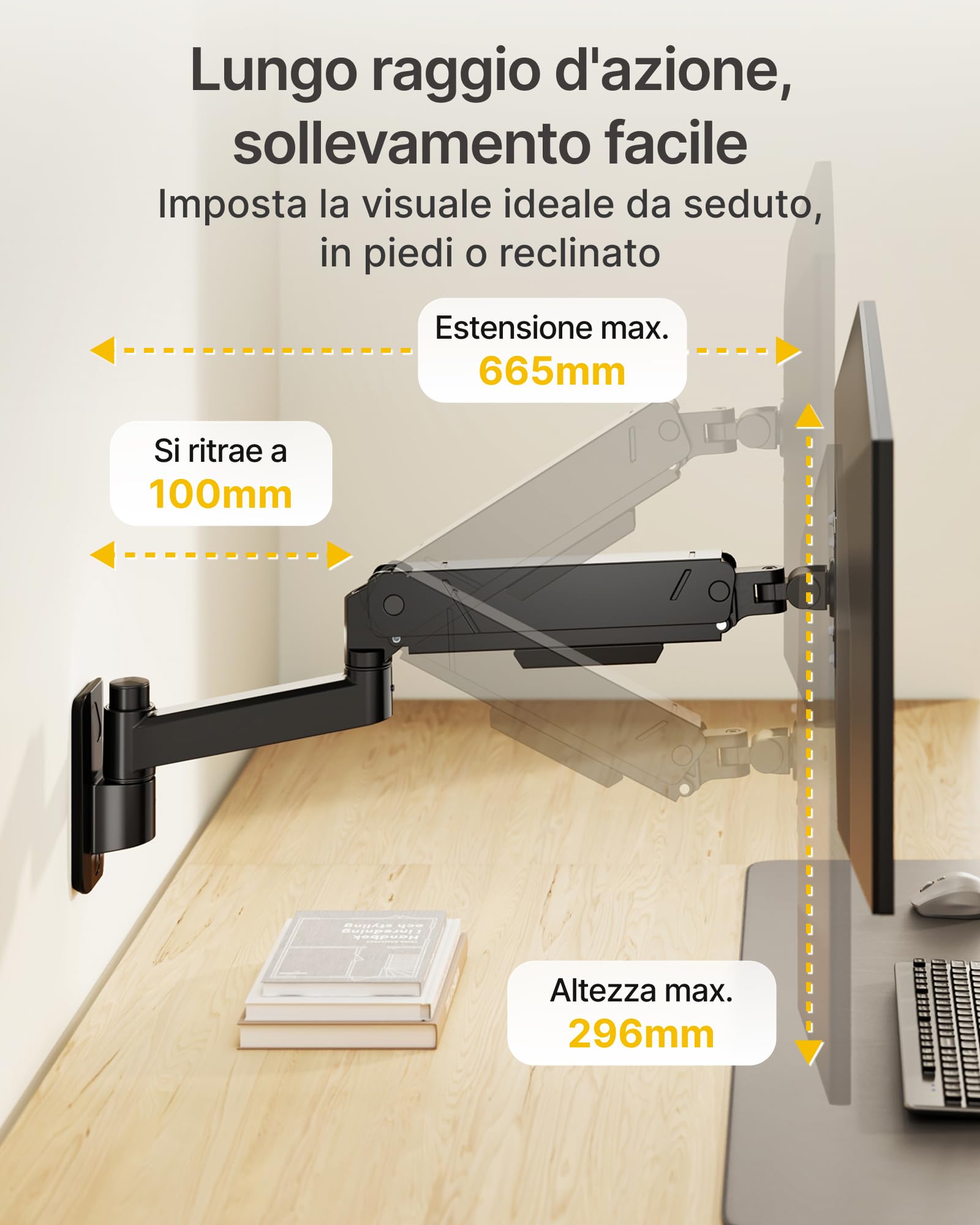 monTEK Supporto da parete per TV da 17-45 pollici, fino a 16 kg, inclinabile, girevole, regolabile in altezza, supporto da parete per monitor Full Motion, VESA 75 x 75/100 x 100 mm, nero