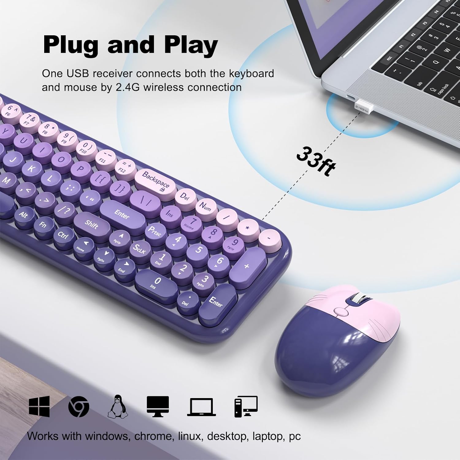 Wireless Keyboard and Mouse Combo, MOWUX Compact Typewriter Retro Round Computer Keyboard, Cute Optical Mouse Wireless, Plug and Play, for Laptop, PC, Computer- Purple Gradient
