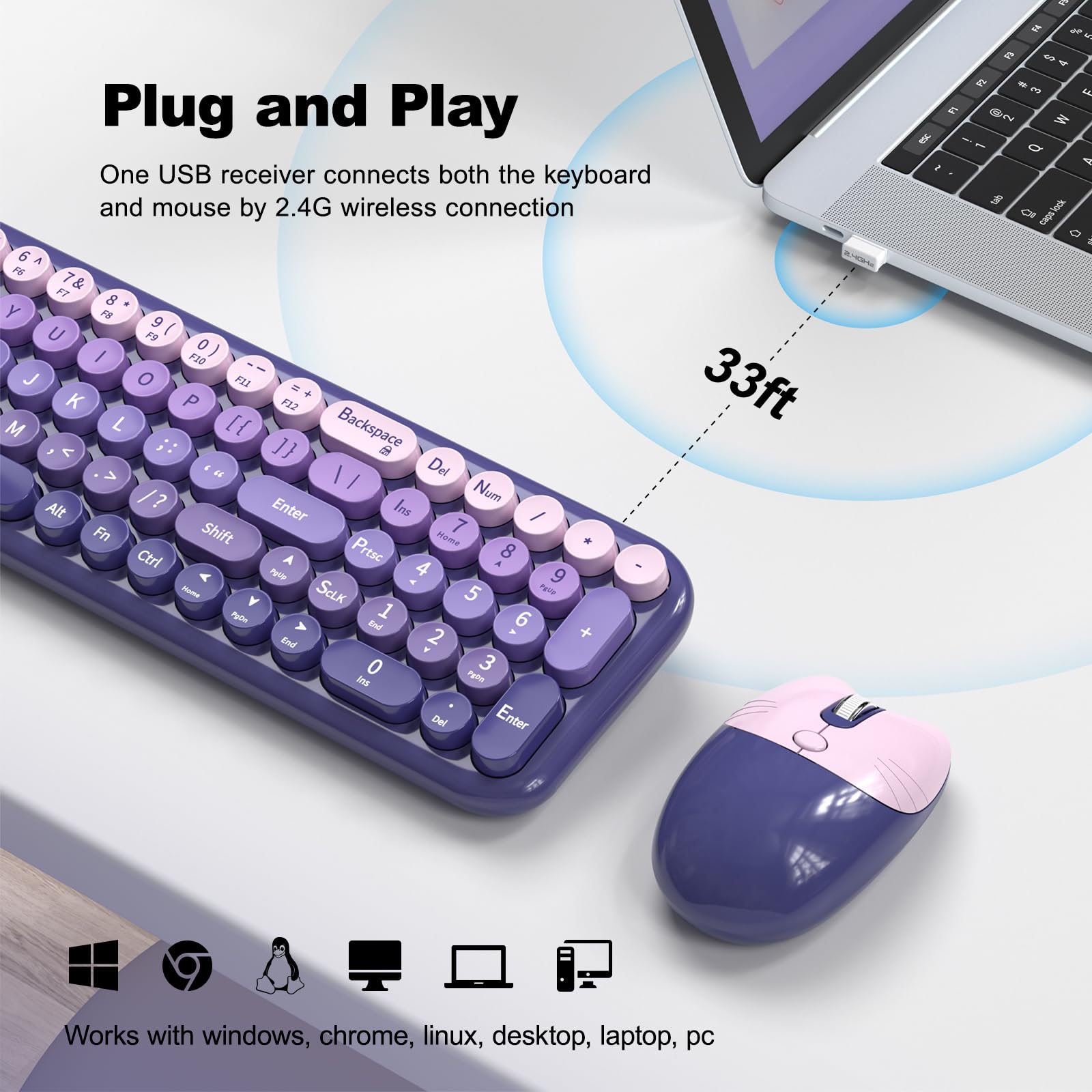 Bezprzewodowe klawiatury, kombinacje myszy, bezprzewodowa klawiatura USB 2,4 G, zestaw z kolorowymi okrągłymi klawiszami retro, urocza klawiatura do pisania, pełnowymiarowa klawiatura do komputera