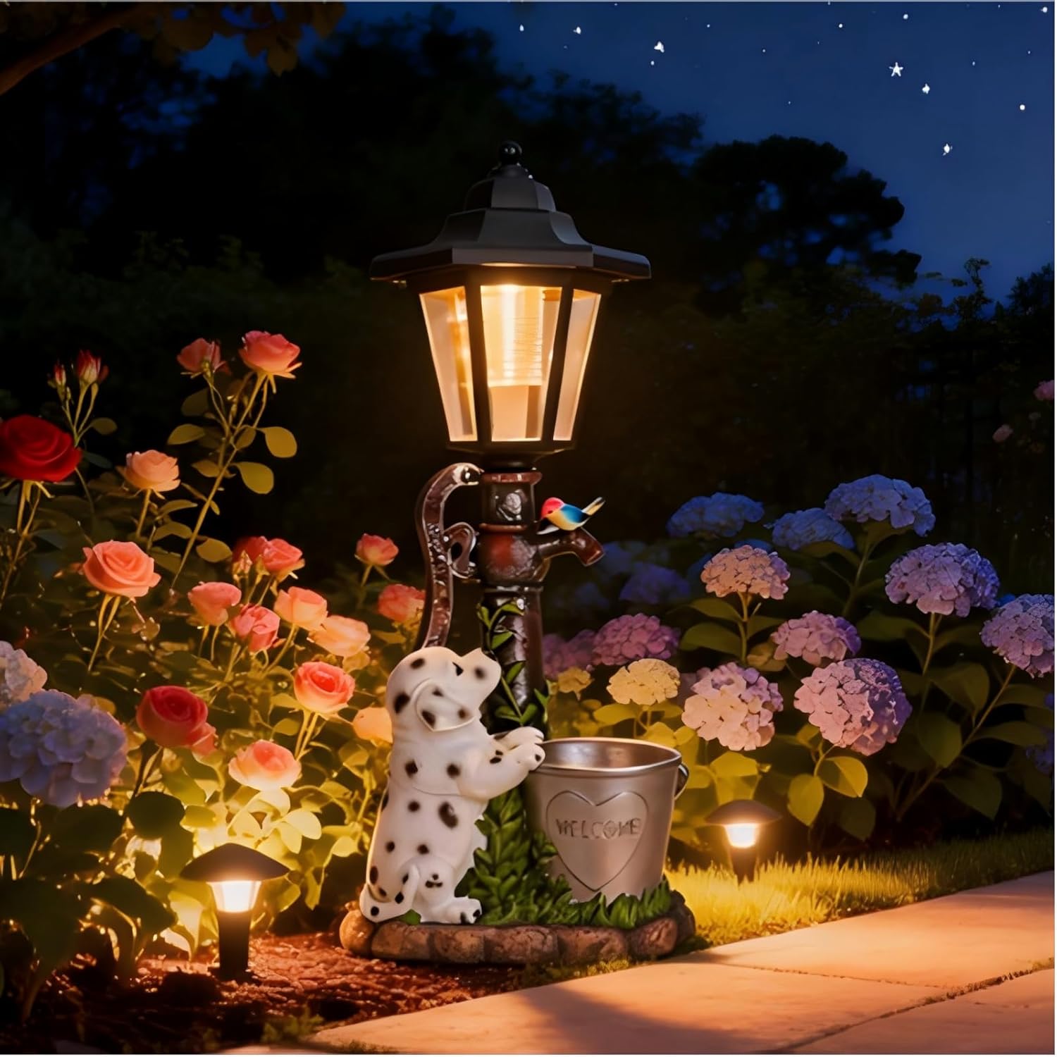 Solar Dalmatian Dog Garden Statue with Light-13 inches - Outdoor Waterproof decor with automatic lighting，perfect for Lawn,Patio, Yard-with Bucket & Bird Figurine for Dog Lovers, Mom, Grandma