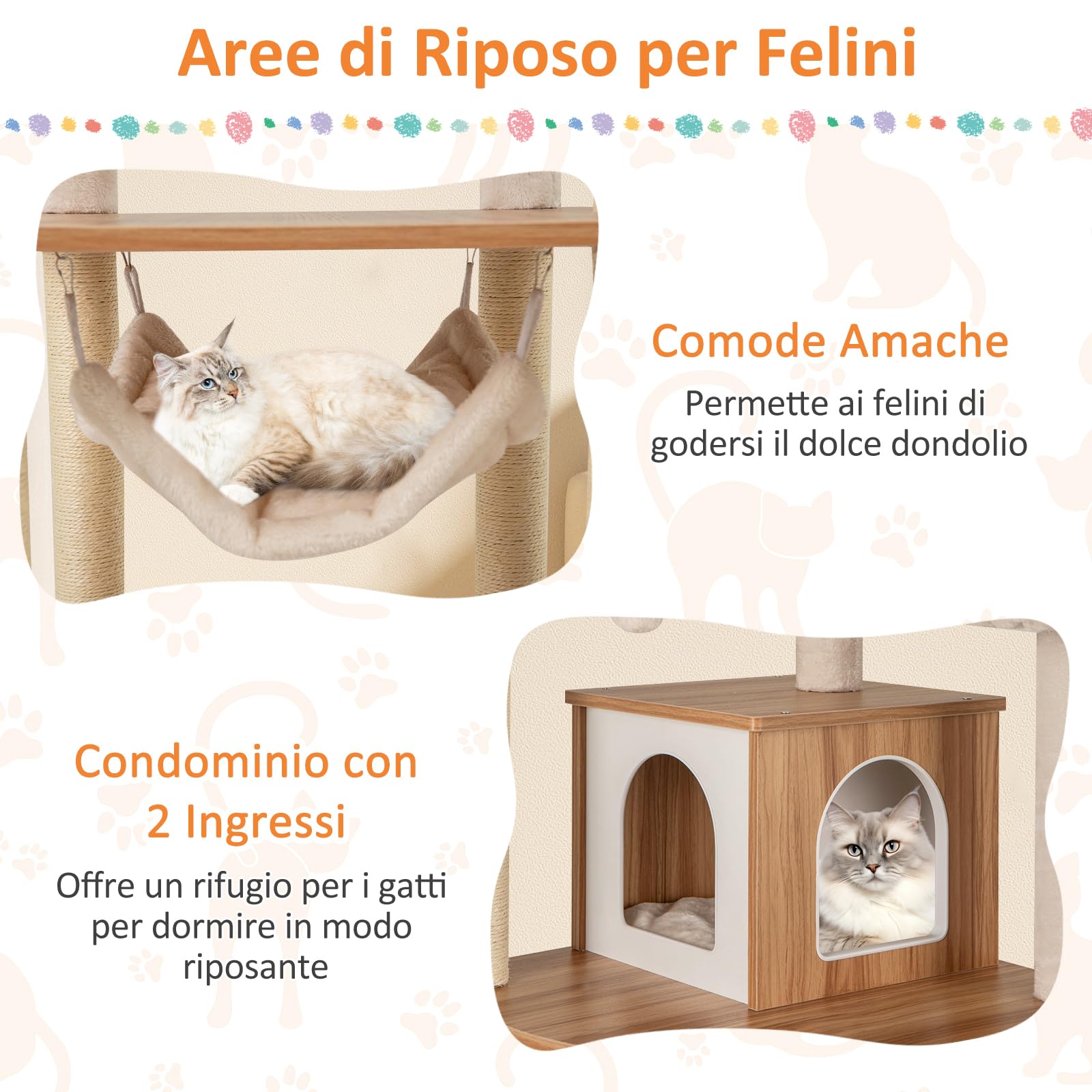 GYMAX Albero per Gatti Alta 168 cm, Torre Multilivello con Piattaforma, Amaca, Pannello Graffiato e Tiragraffi in Sisal, Palline Sospese, Naturale