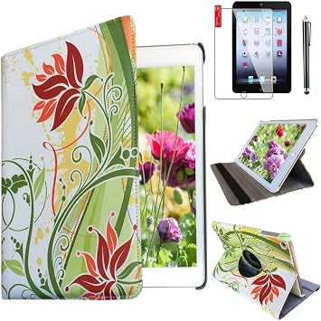 Case for ipad 4th / 3rd / 2nd Generation 9.7 inch 11Years ago Old Model Model A1458 A1430 A 1416 Md510ll /A Mc979ll/A with Screen Protector Stand Smart Covers Support Wake/Sleep Flowers